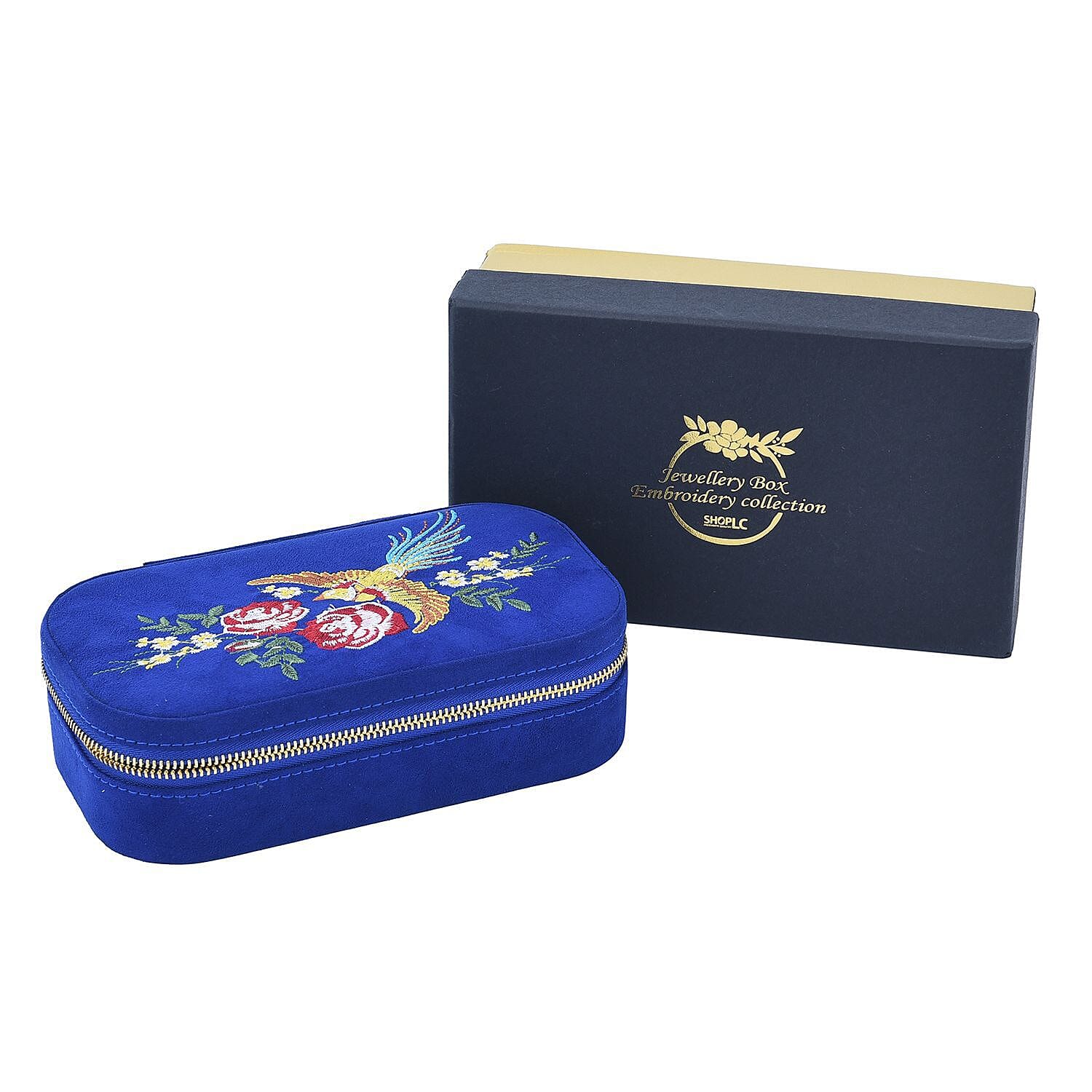 Rectangle Embroidered Jewellery Box with Zip (Size 18x10x5 ) - & Blue
