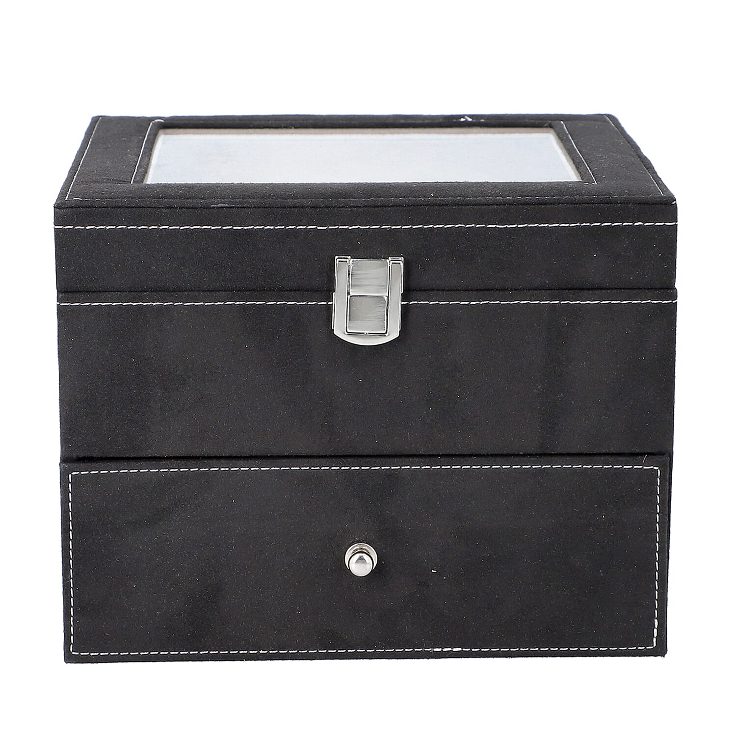 2 Layer Velvet Watch Box with Transparent Window and Lock - Black