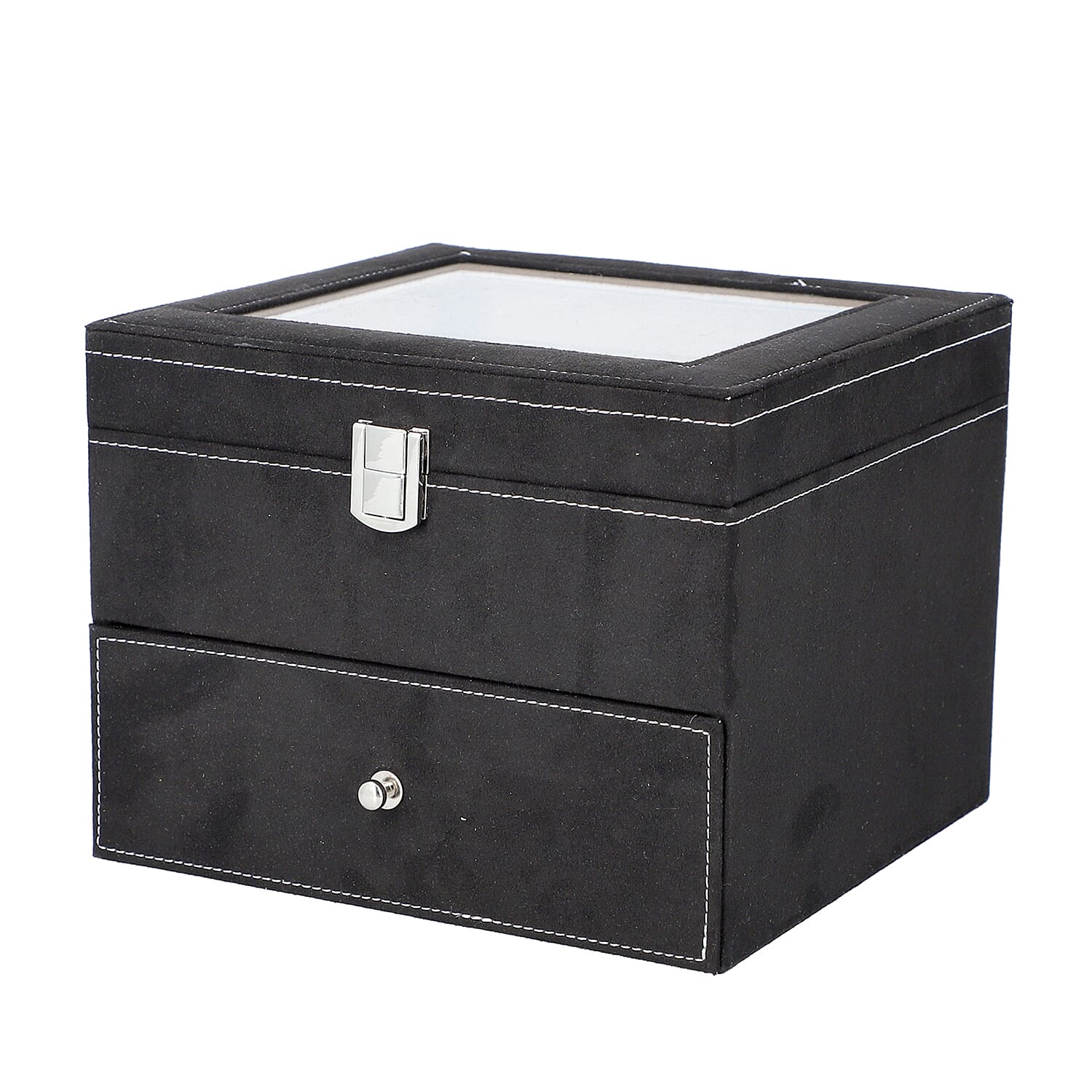2 Layer Velvet Watch Box with Transparent Window and Lock - Black