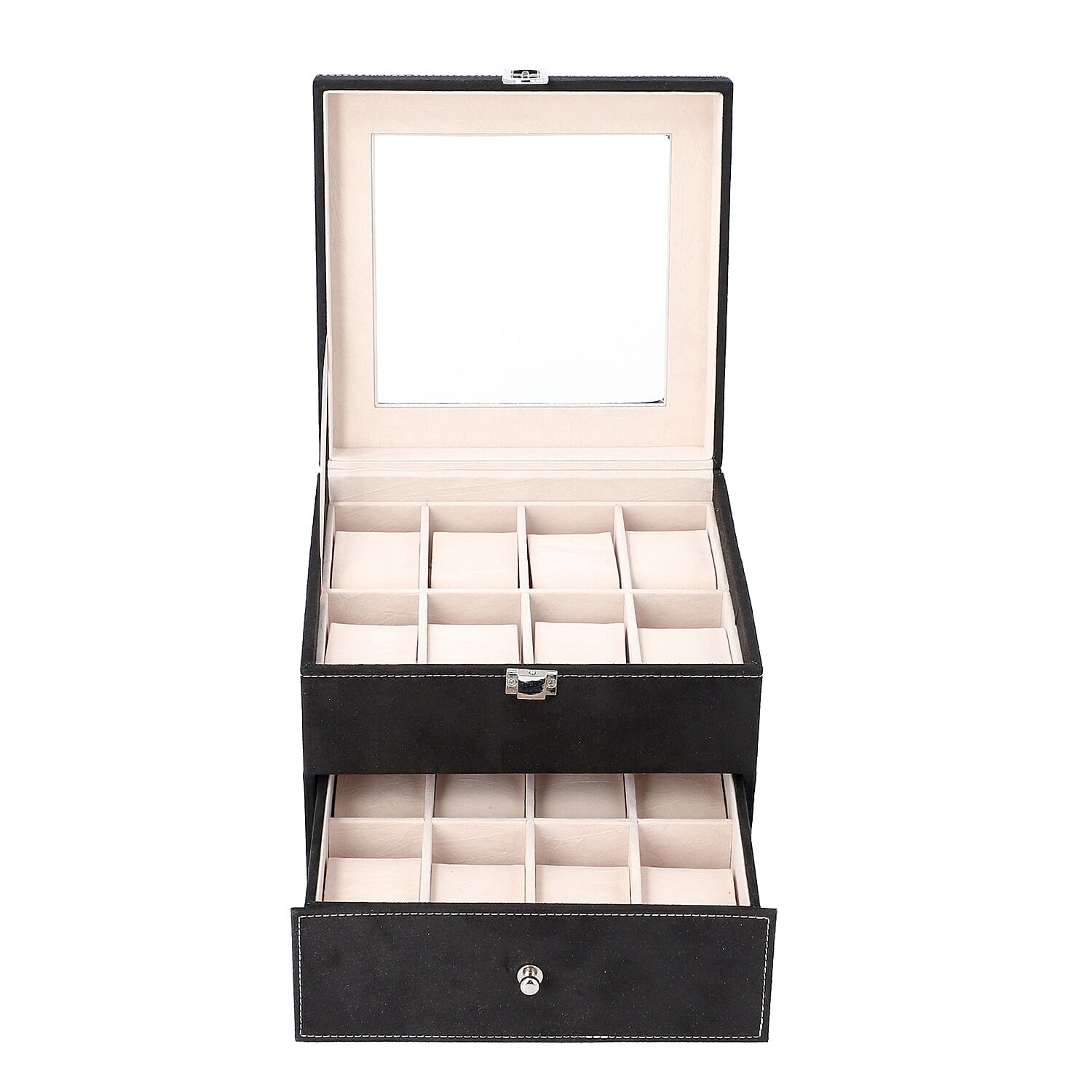 2 Layer Velvet Watch Box with Transparent Window and Lock - Black