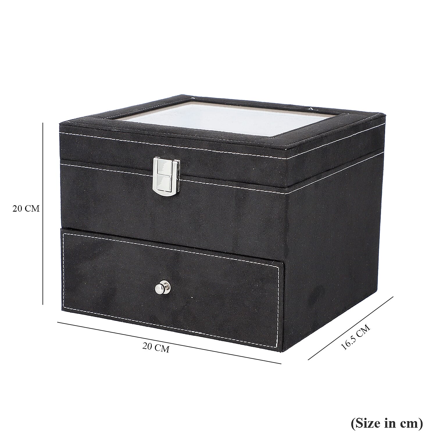 2 Layer Velvet Watch Box with Transparent Window and Lock - Black