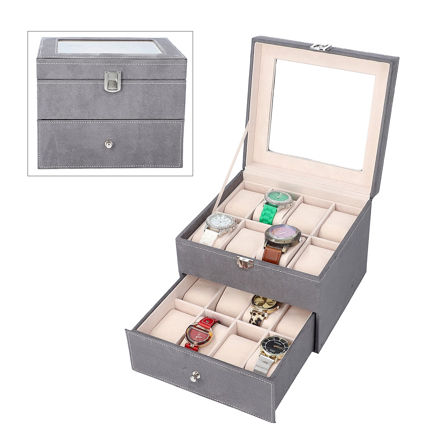 2 Layer Velvet Watch - Jewellery Box with Transparent Window and Lock (Size 20x16x17 Cm) - Grey