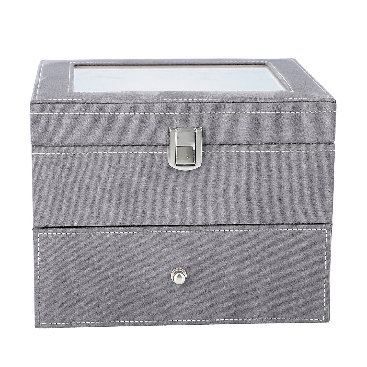 2 Layer Velvet Watch - Jewellery Box with Transparent Window and Lock (Size 20x16x17 Cm) - Grey