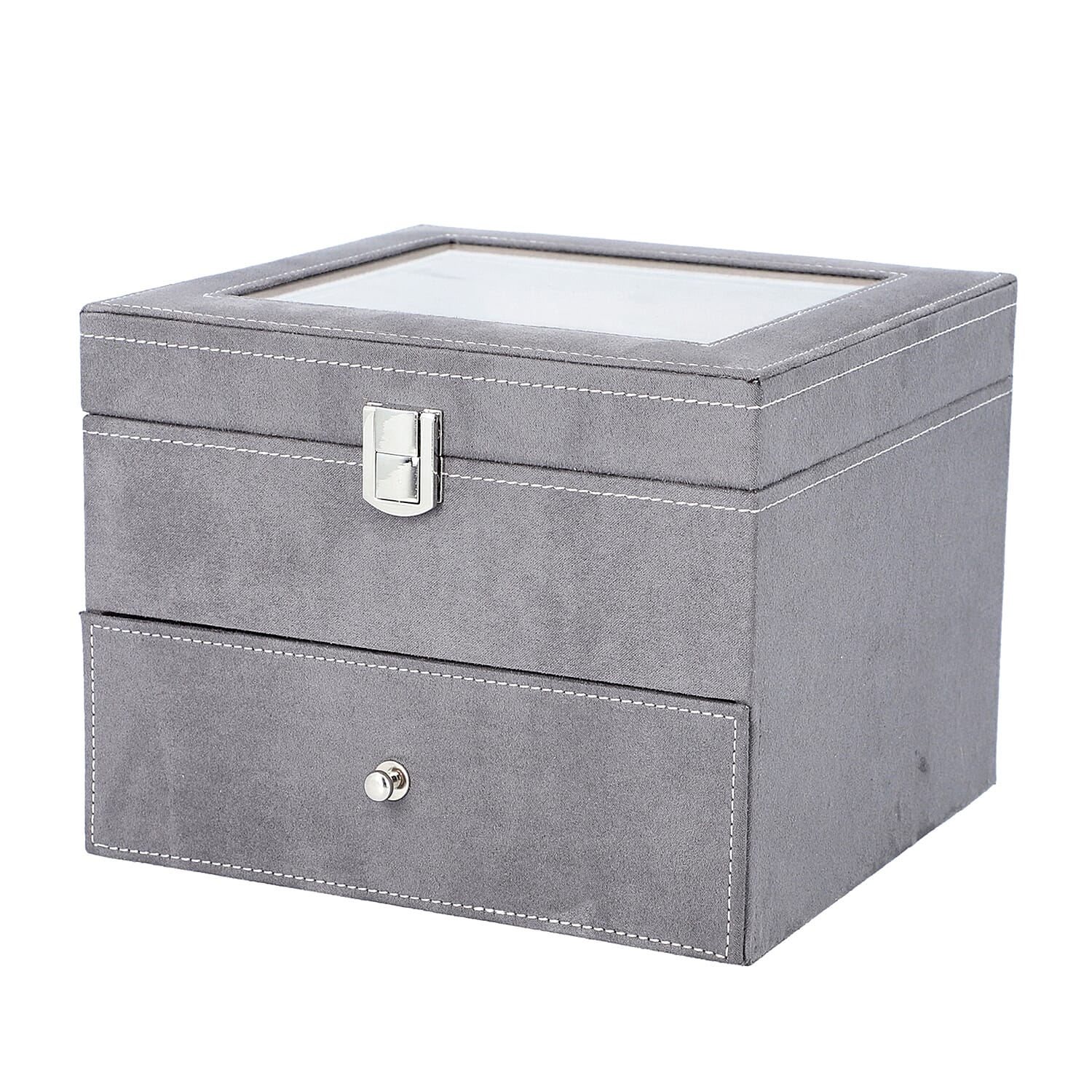 2 Layer Velvet Watch - Jewellery Box with Transparent Window and Lock (Size 20x16x17 Cm) - Grey