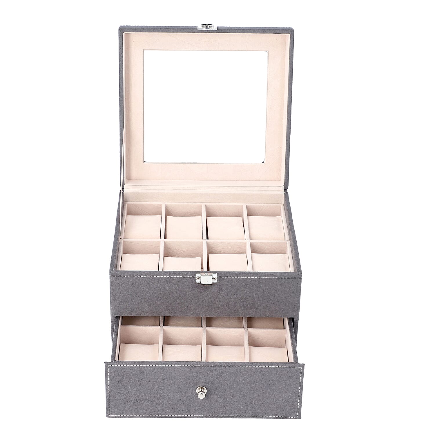 2 Layer Velvet Watch - Jewellery Box with Transparent Window and Lock (Size 20x16x17 Cm) - Grey