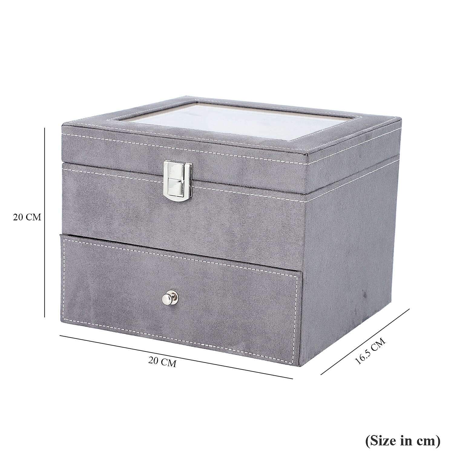2 Layer Velvet Watch - Jewellery Box with Transparent Window and Lock (Size 20x16x17 Cm) - Grey