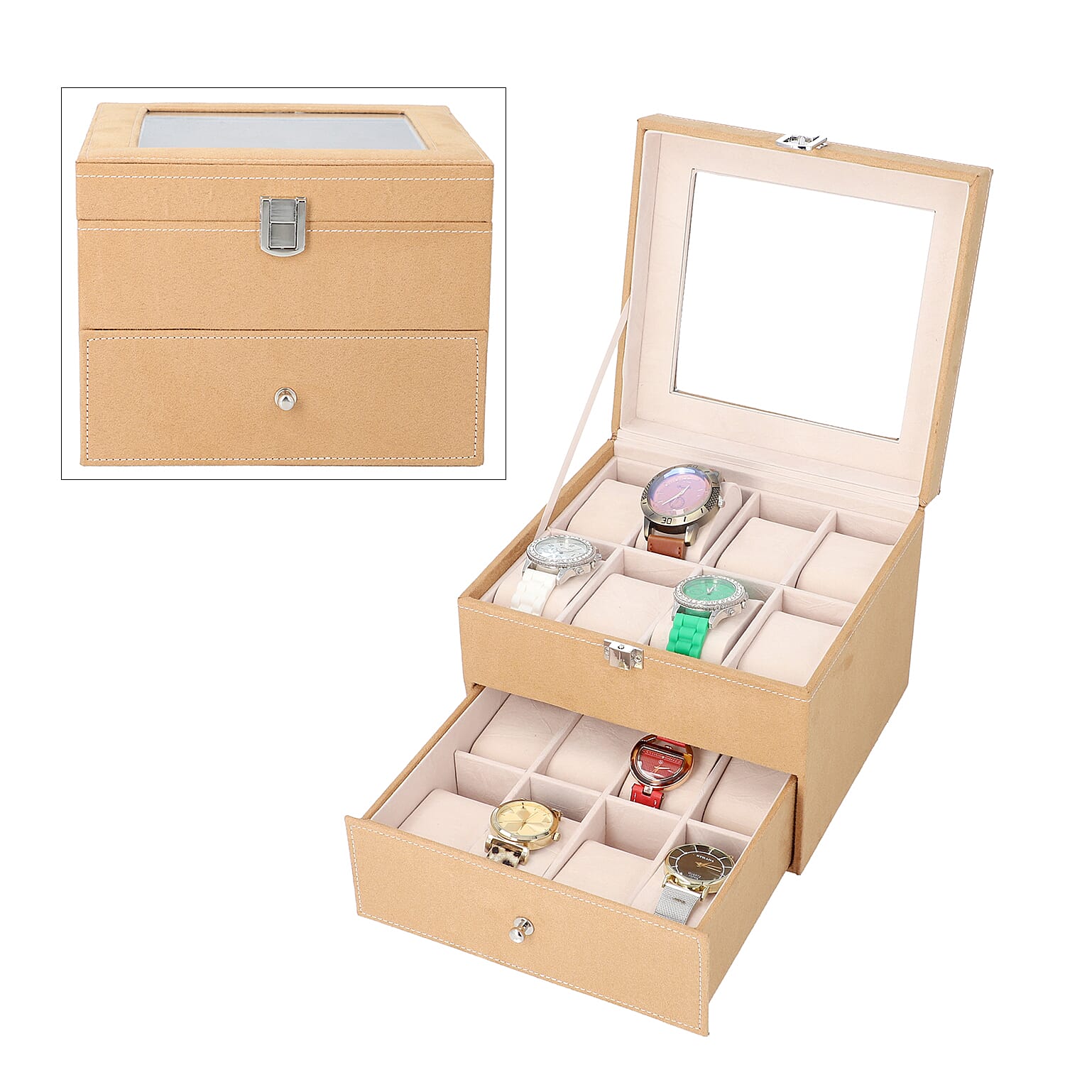 2 Layer Velvet Watch - Jewellery Box with Transparent Window and Lock (Size 20x16x17 Cm) - Caramel