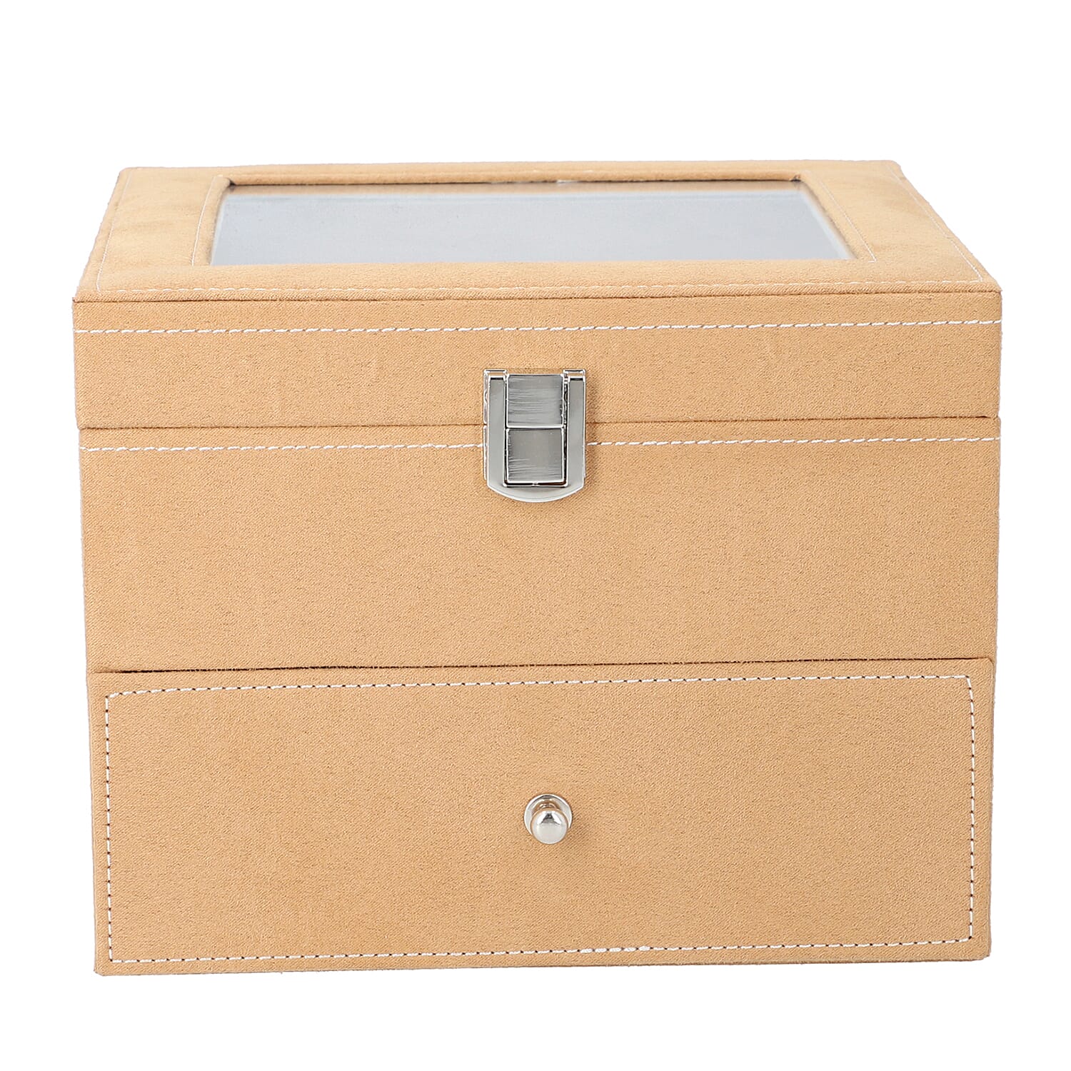 2 Layer Velvet Watch - Jewellery Box with Transparent Window and Lock (Size 20x16x17 Cm) - Caramel
