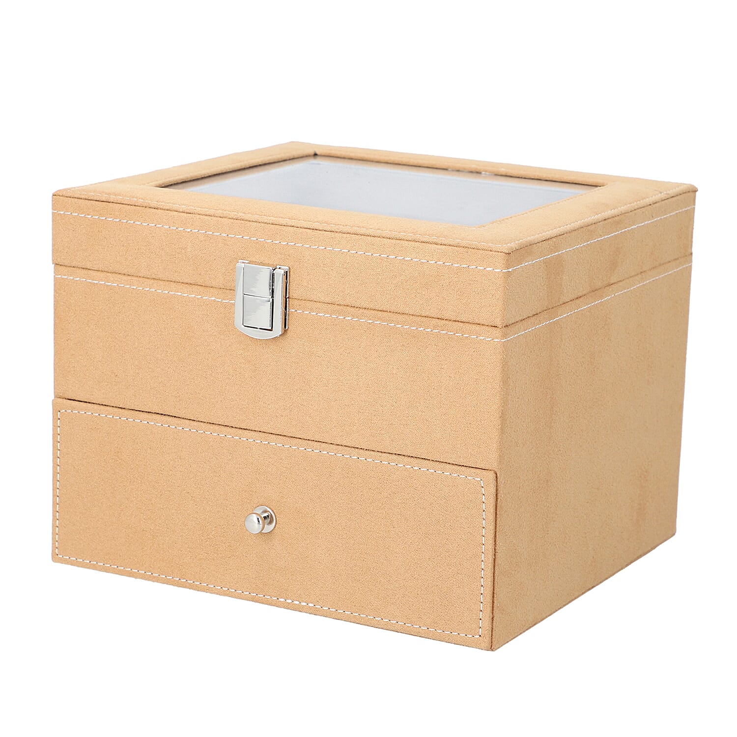 2 Layer Velvet Watch - Jewellery Box with Transparent Window and Lock (Size 20x16x17 Cm) - Caramel
