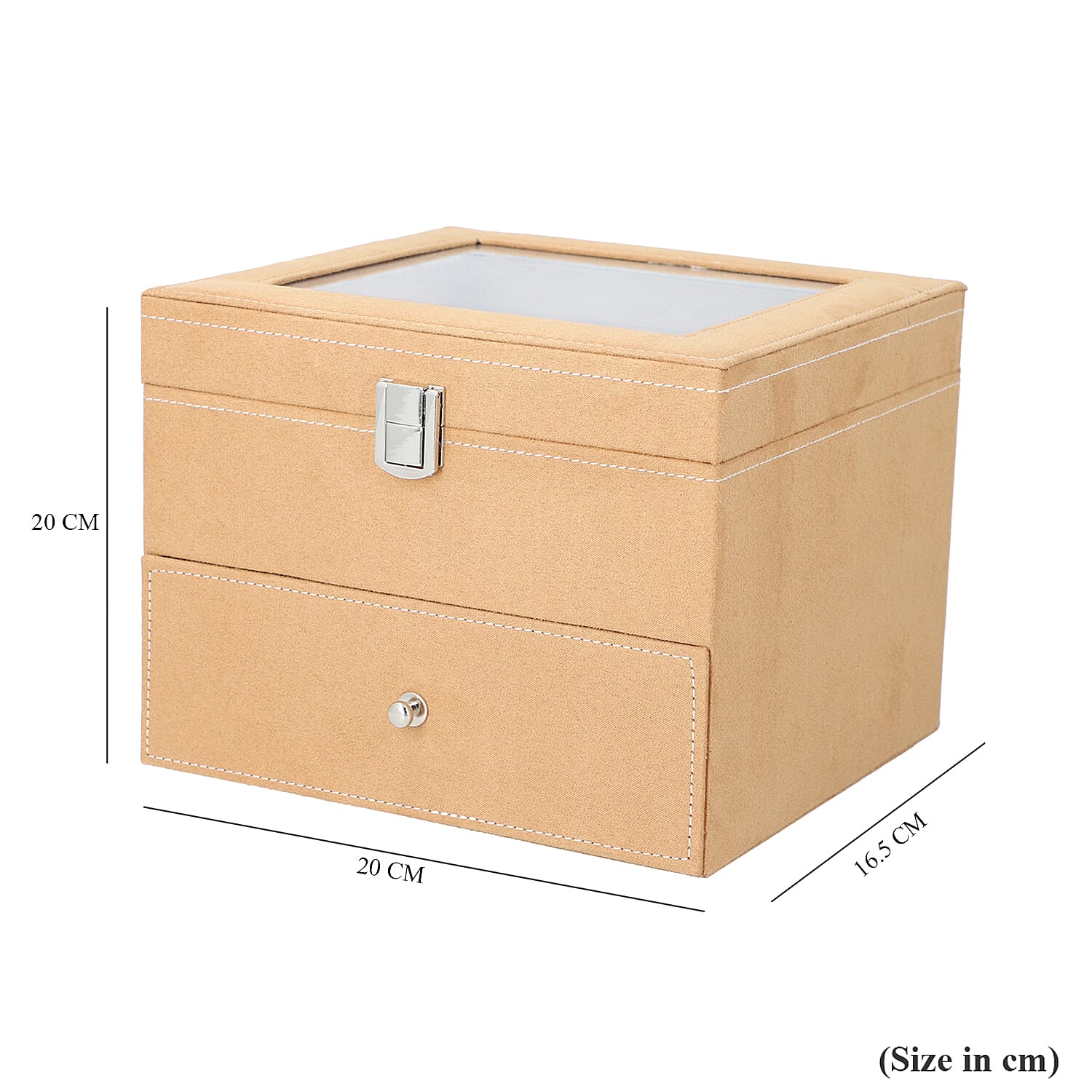 2 Layer Velvet Watch - Jewellery Box with Transparent Window and Lock (Size 20x16x17 Cm) - Caramel