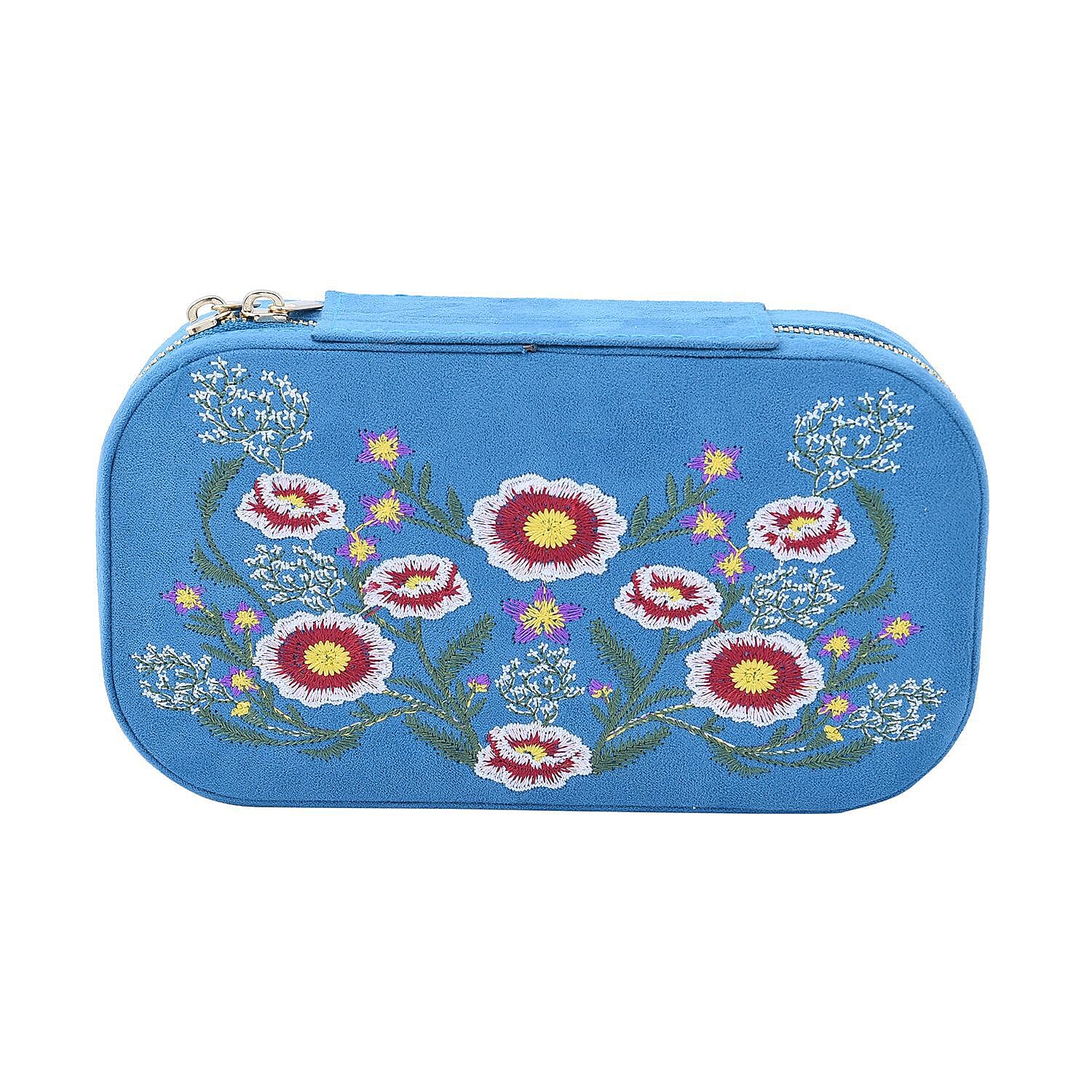 Rectangle Embroidered Jewellery Box with Zip (Size 18x10x5 ) - Teal