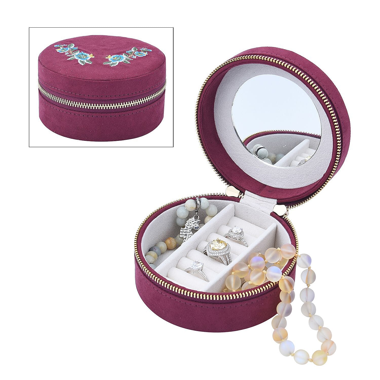 Crown Embroidered Jewellery Box with Zip (Size 11x11x5 cm) - Burgundy