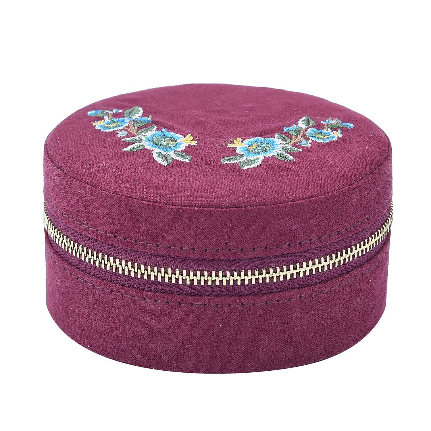 Crown Embroidered Jewellery Box with Zip (Size 11x11x5 cm) - Burgundy