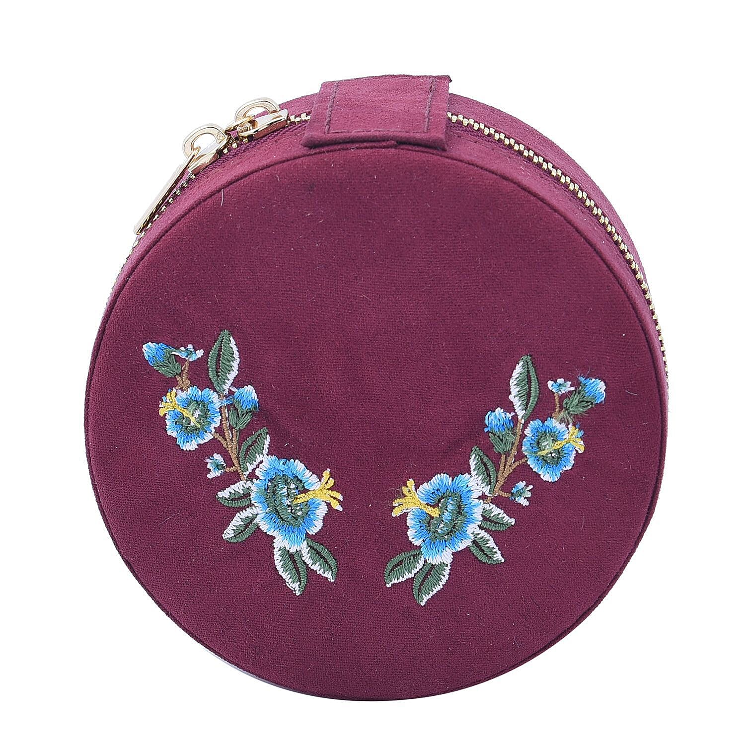 Crown Embroidered Jewellery Box with Zip (Size 11x11x5 cm) - Burgundy