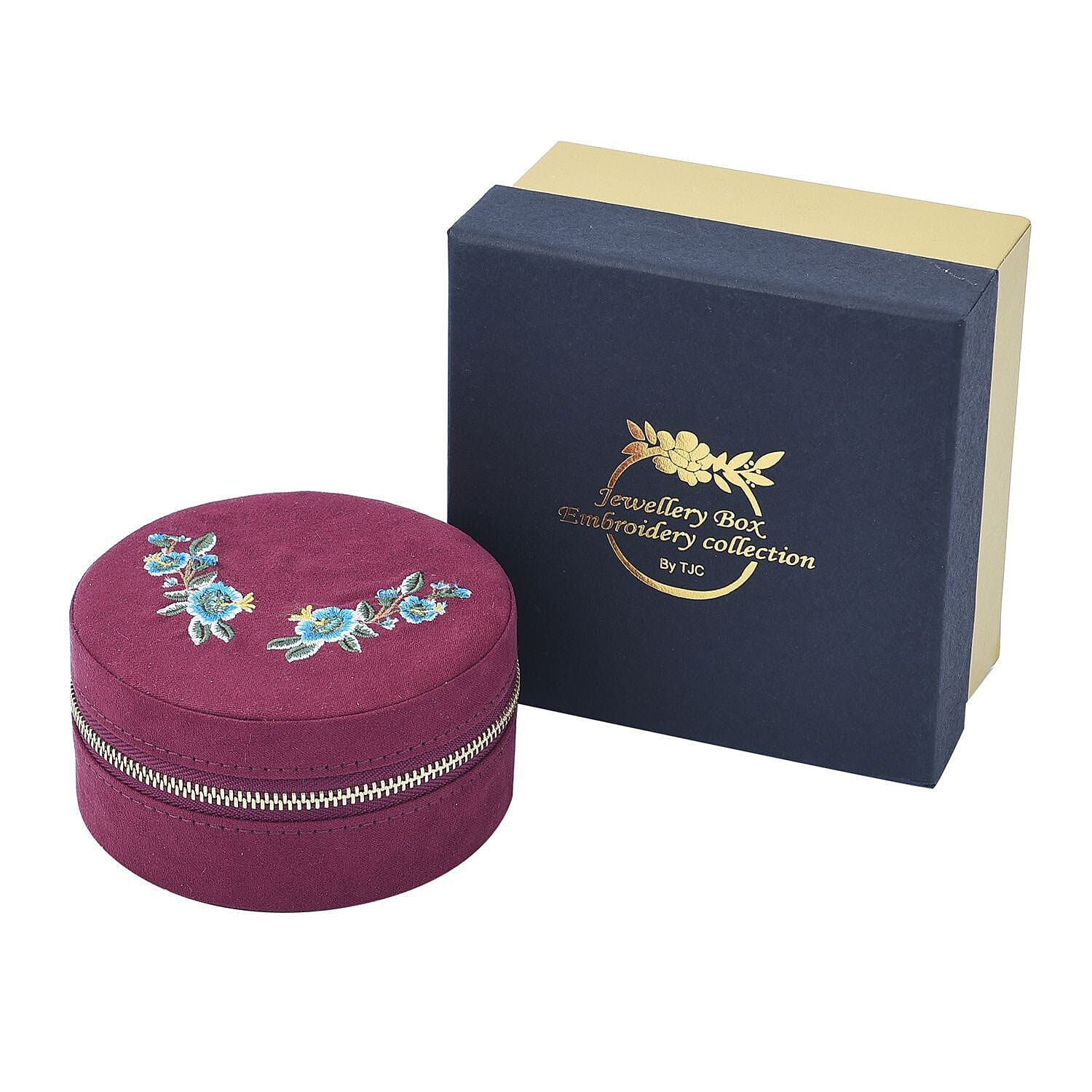 Crown Embroidered Jewellery Box with Zip (Size 11x11x5 cm) - Burgundy