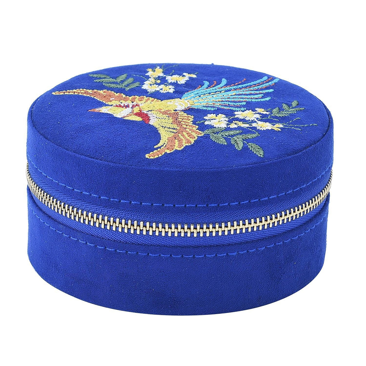 Crown Embroidered Jewellery Box with Zip (Size 11x11x5 cm)   - Blue