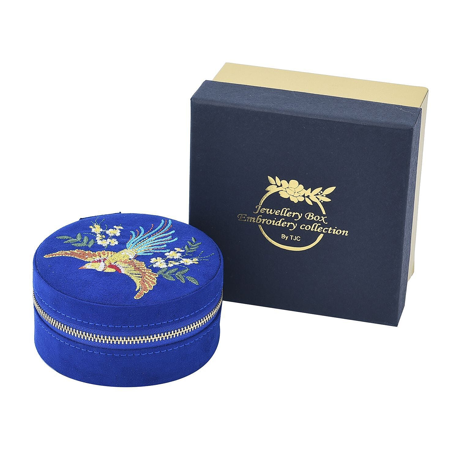 Crown Embroidered Jewellery Box with Zip (Size 11x11x5 cm)   - Blue