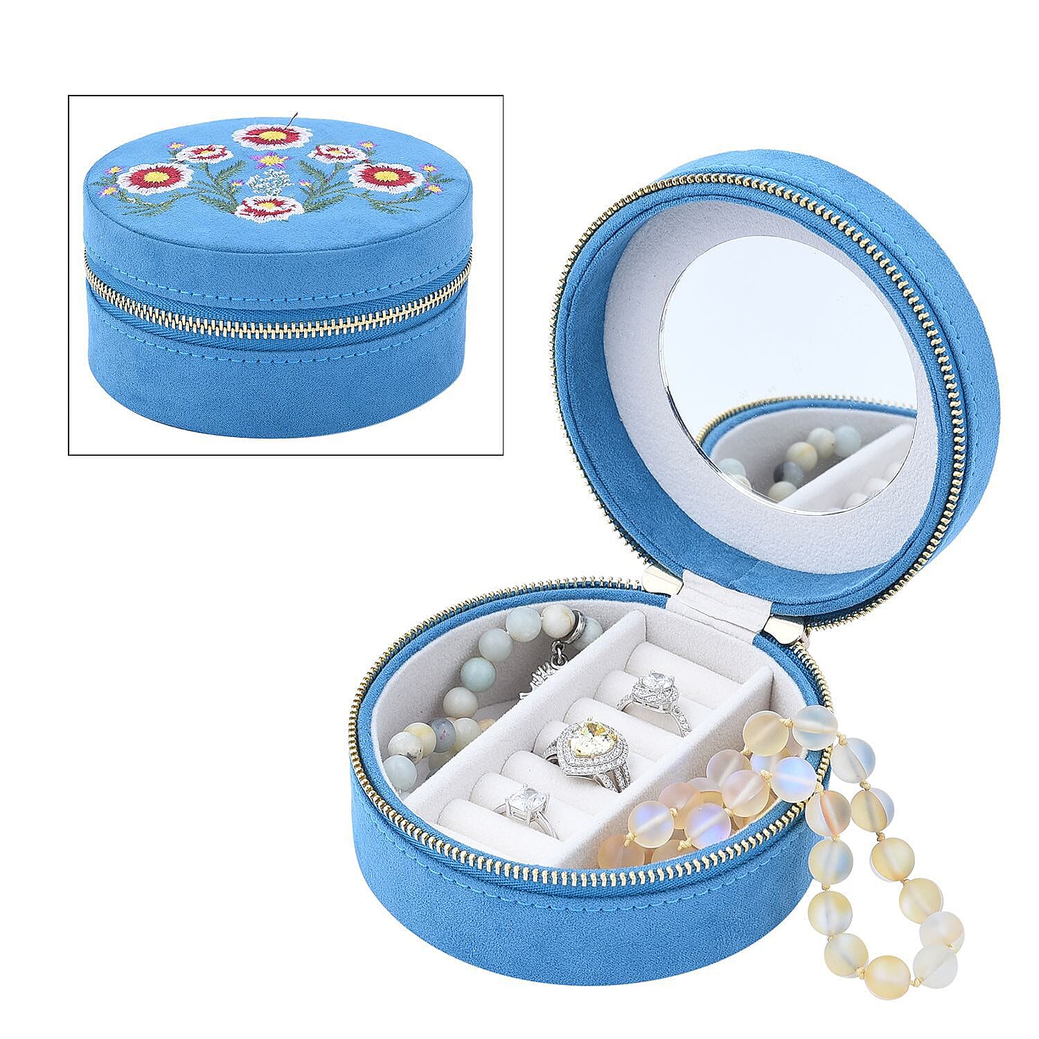 Crown Embroidered Jewellery Box with Zip (Size 11x11x5 cm) - Teal