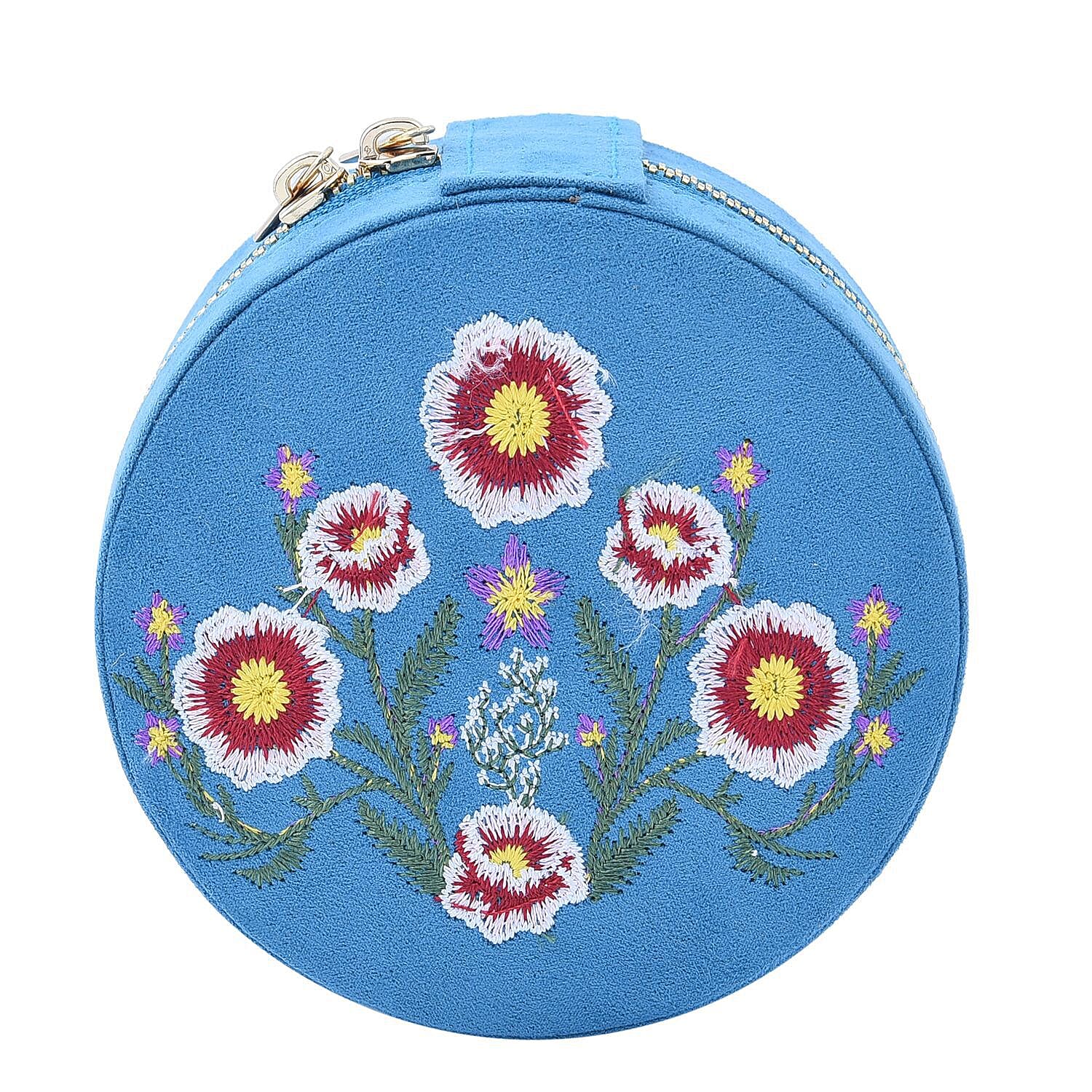 Crown Embroidered Jewellery Box with Zip (Size 11x11x5 cm) - Teal