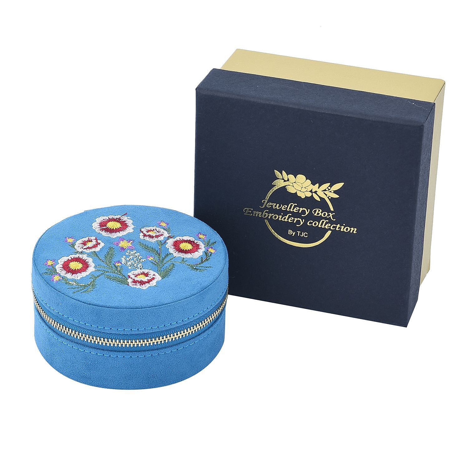 Crown Embroidered Jewellery Box with Zip (Size 11x11x5 cm) - Teal