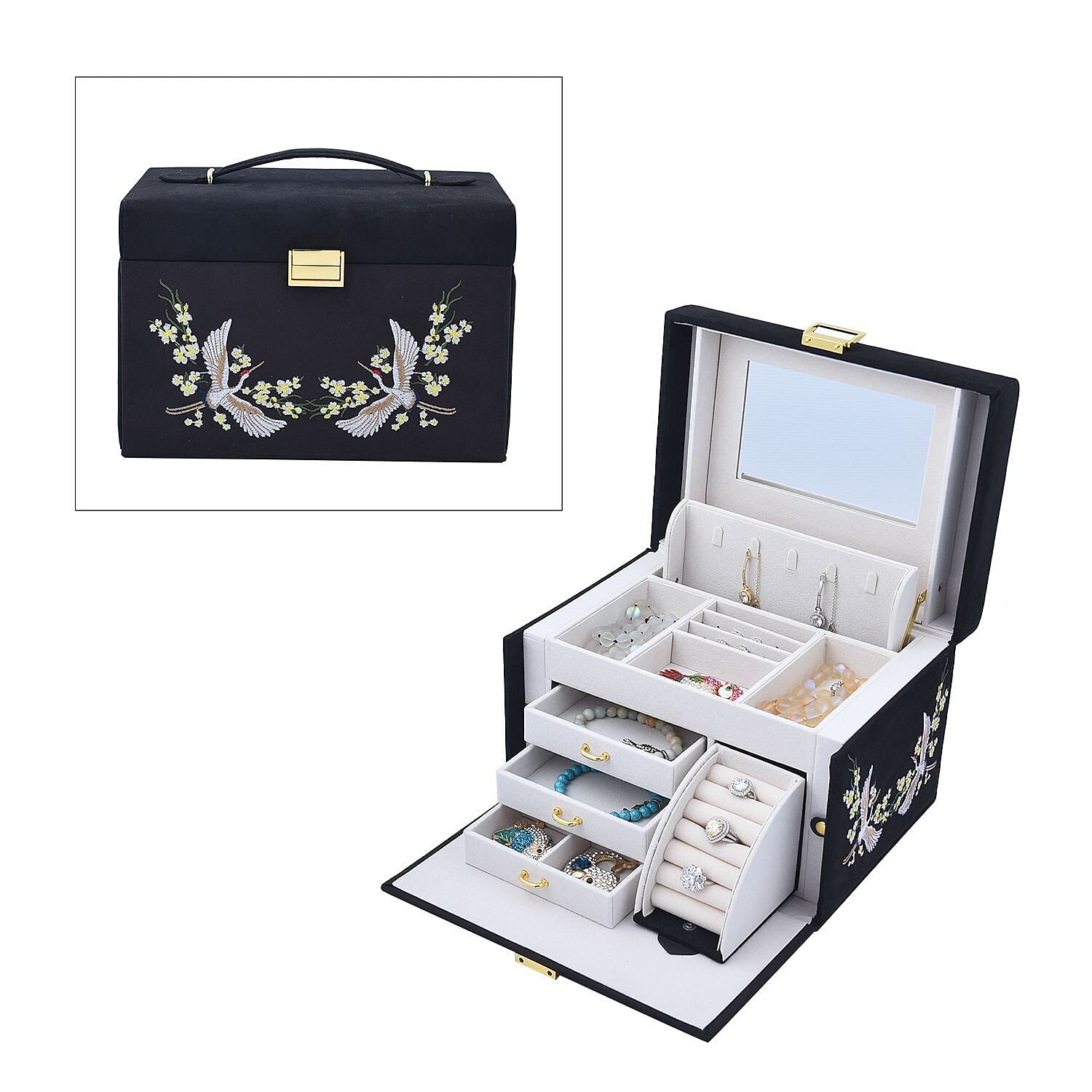 Multifunctional 4 layer Embroidered Jewellery Organizer with Handle (Size 26x19x18 cm) - Black