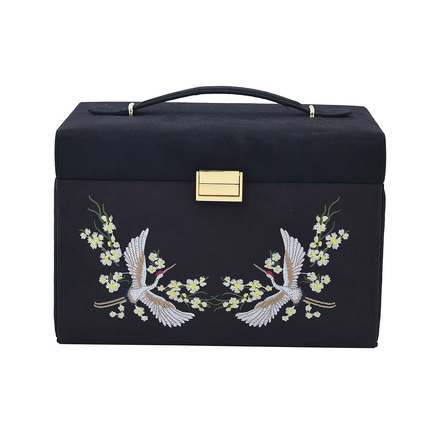 Multifunctional 4 layer Embroidered Jewellery Organizer with Handle (Size 26x19x18 cm) - Black