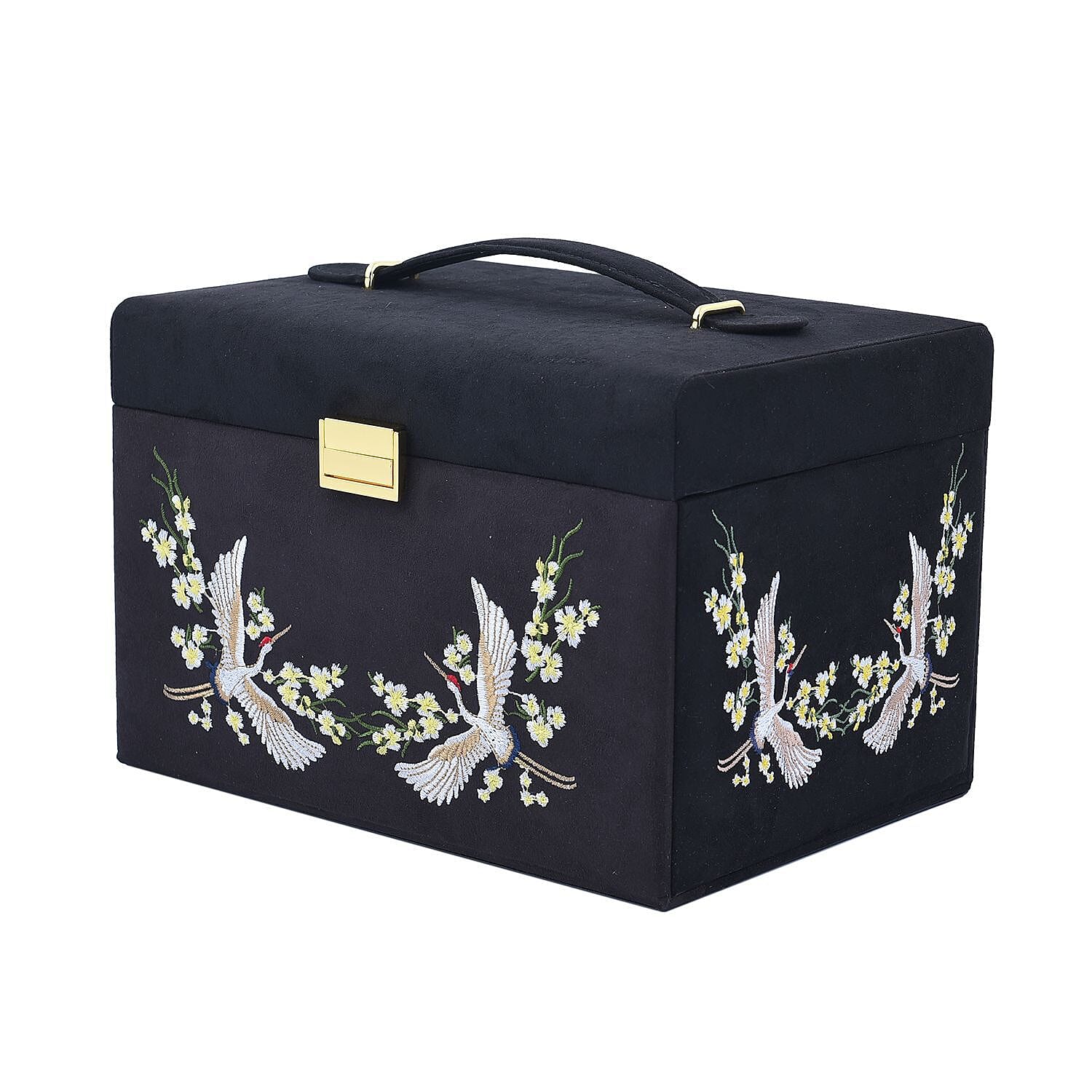 Multifunctional 4 layer Embroidered Jewellery Organizer with Handle (Size 26x19x18 cm) - Black