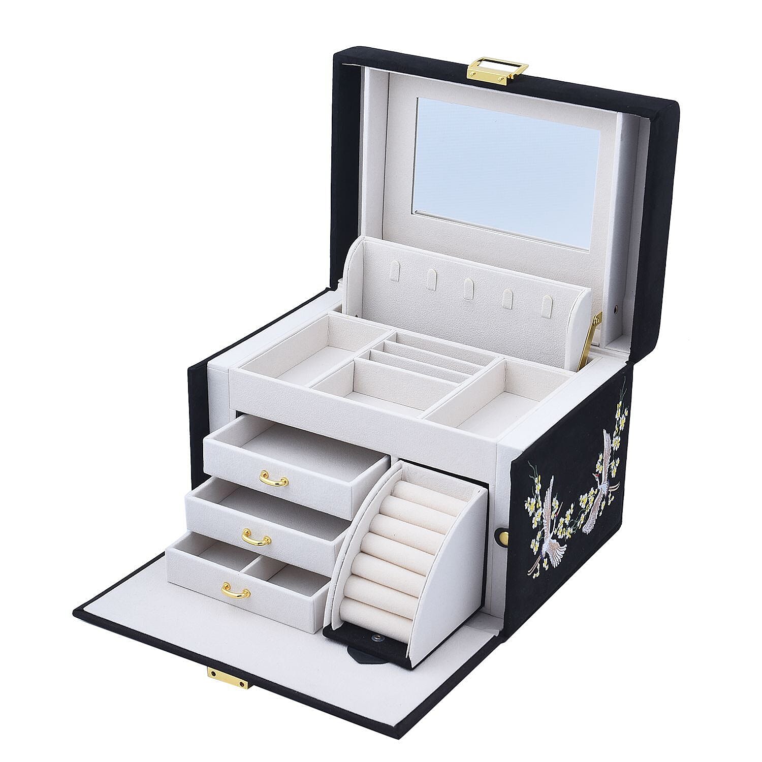 Multifunctional 4 layer Embroidered Jewellery Organizer with Handle (Size 26x19x18 cm) - Black