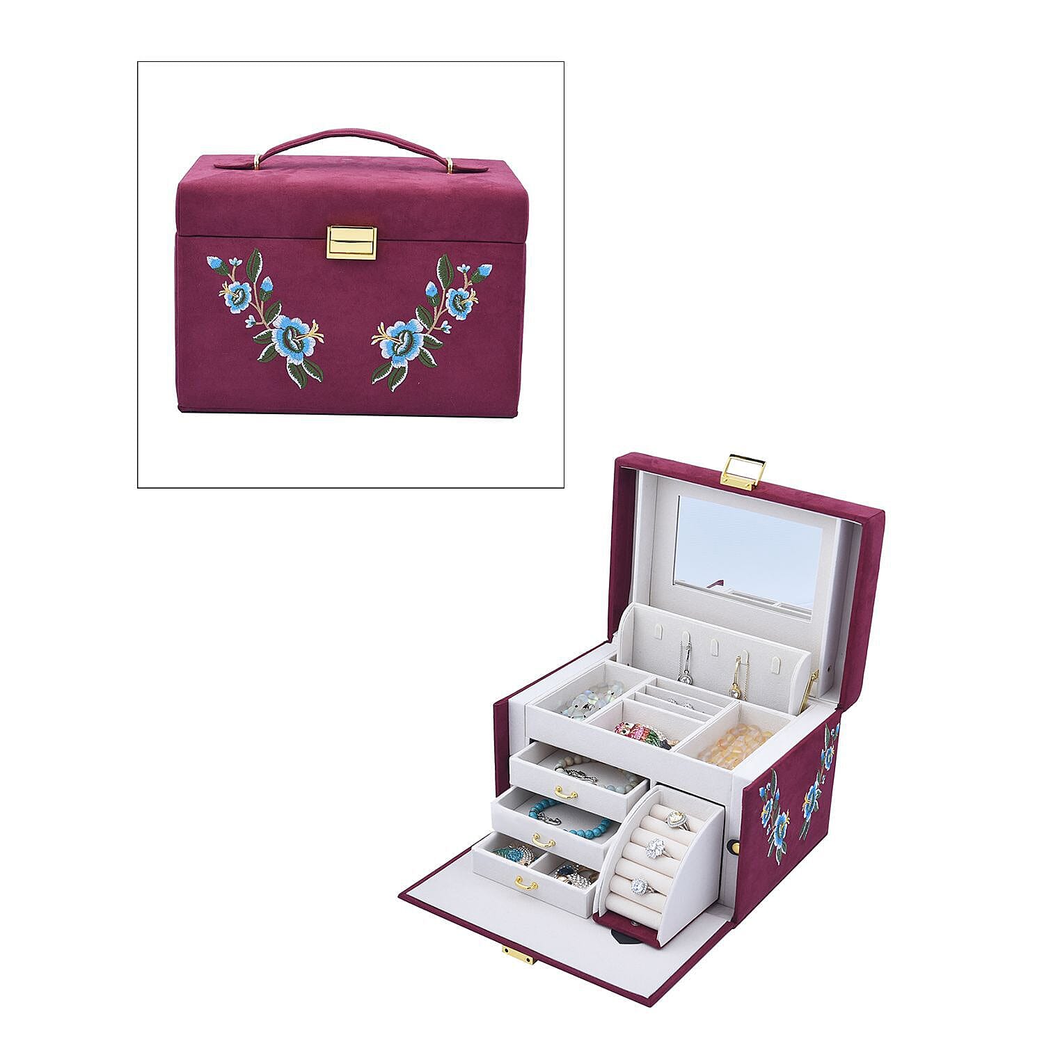 Velvet Embroidered 4 Layer  Jewellery Organiser with Handle (Size 26x19x18 cm) - Burgundy