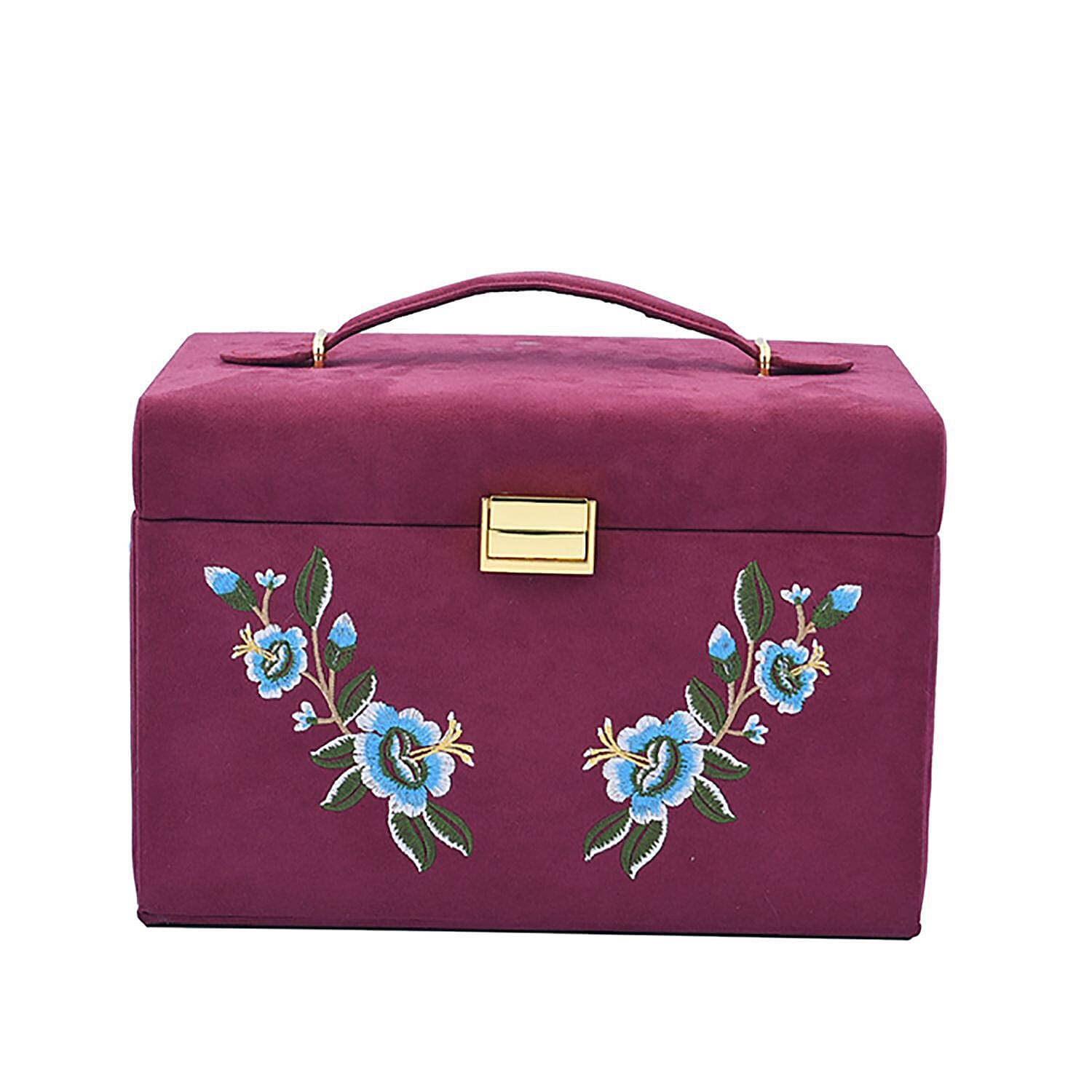 Velvet Embroidered 4 Layer  Jewellery Organiser with Handle (Size 26x19x18 cm) - Burgundy