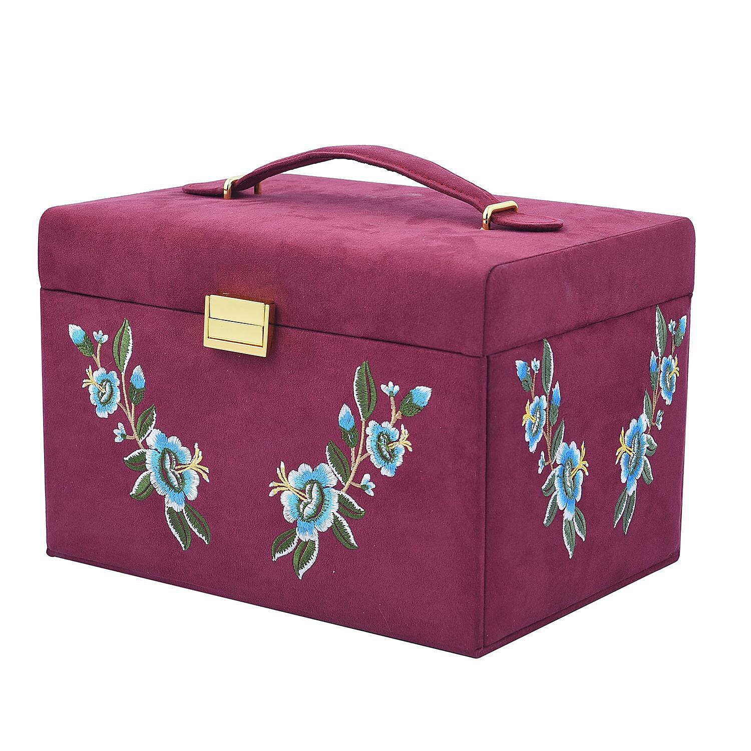 Velvet Embroidered 4 Layer  Jewellery Organiser with Handle (Size 26x19x18 cm) - Burgundy