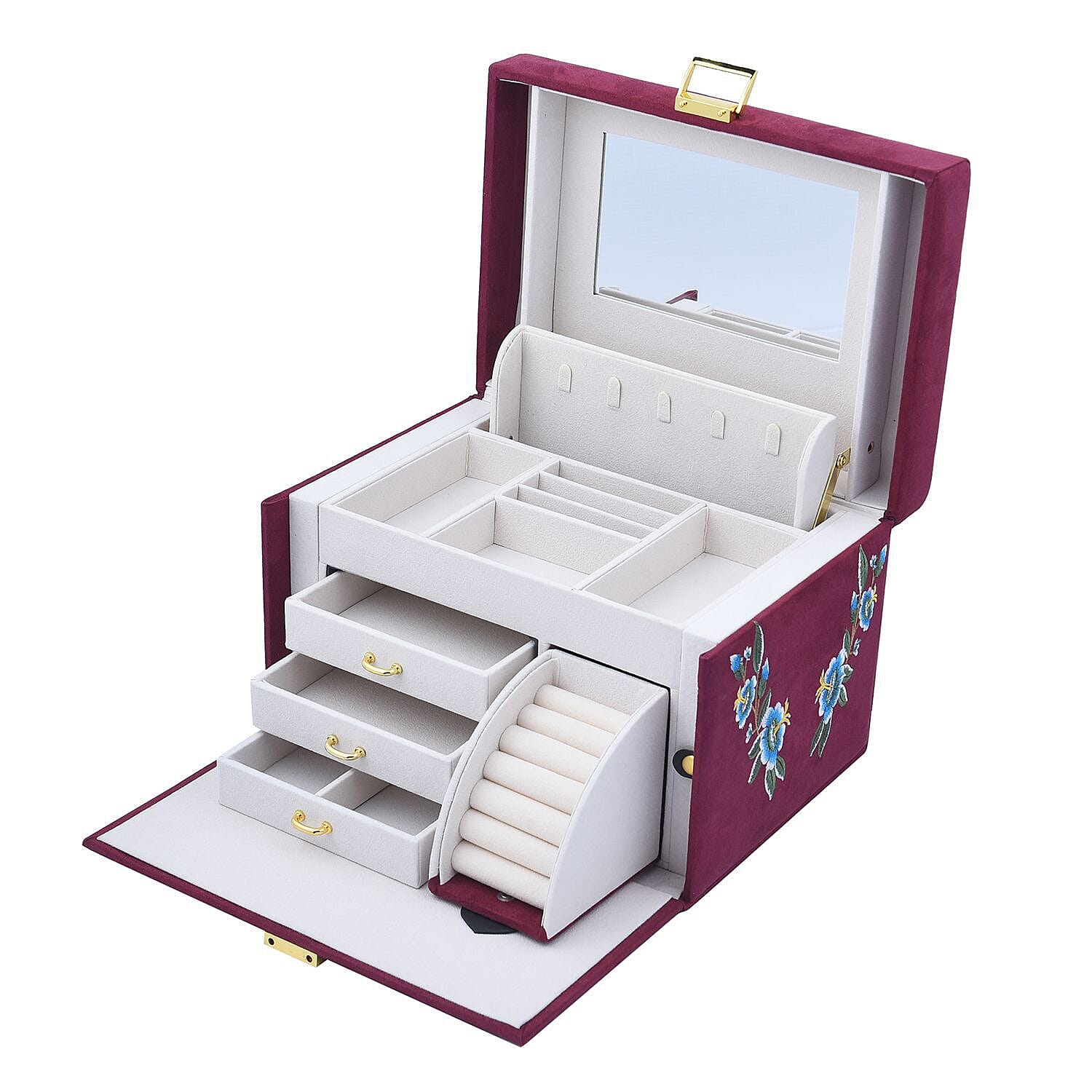 Multifunctional 4 layer Embroidered Pattern Jewellery Organizer with Handle (Size 26x19x18 cm) - Burgundy
