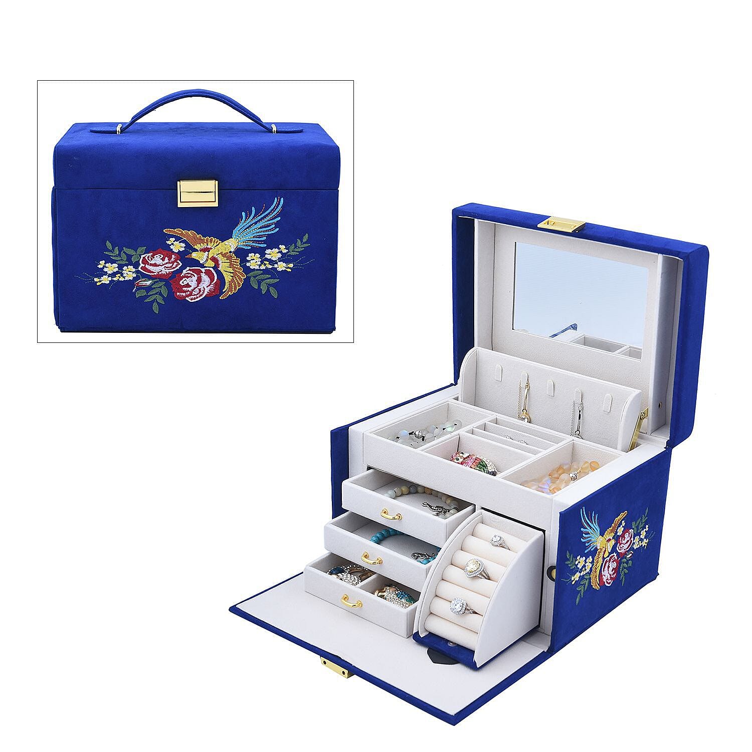 Multifunctional 4 layer Embroidered Pattern Jewellery Organizer with Handle (Size 26x19x18 ) - Blue