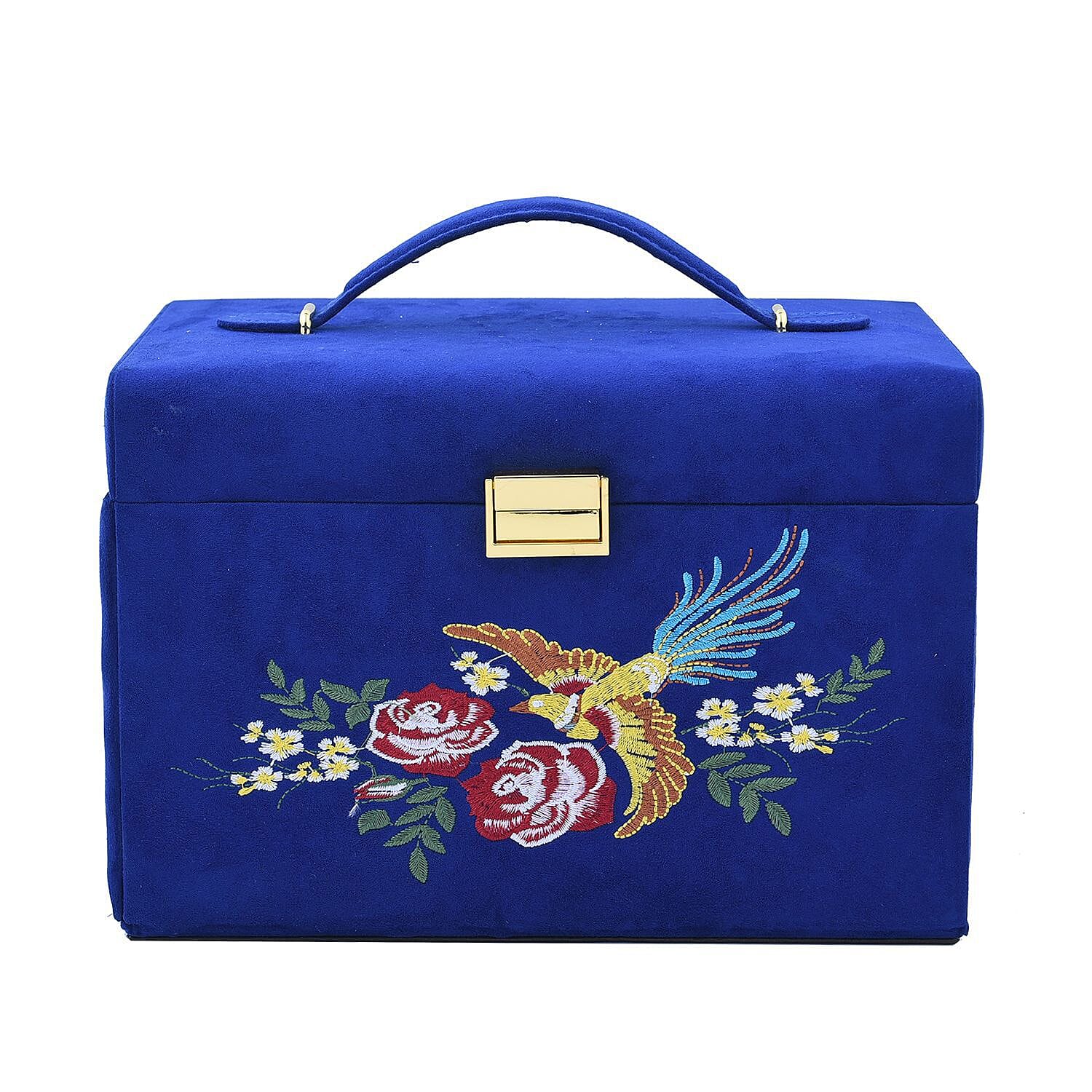 Multifunctional 4 layer Embroidered Pattern Jewellery Organizer with Handle (Size 26x19x18 ) - Blue