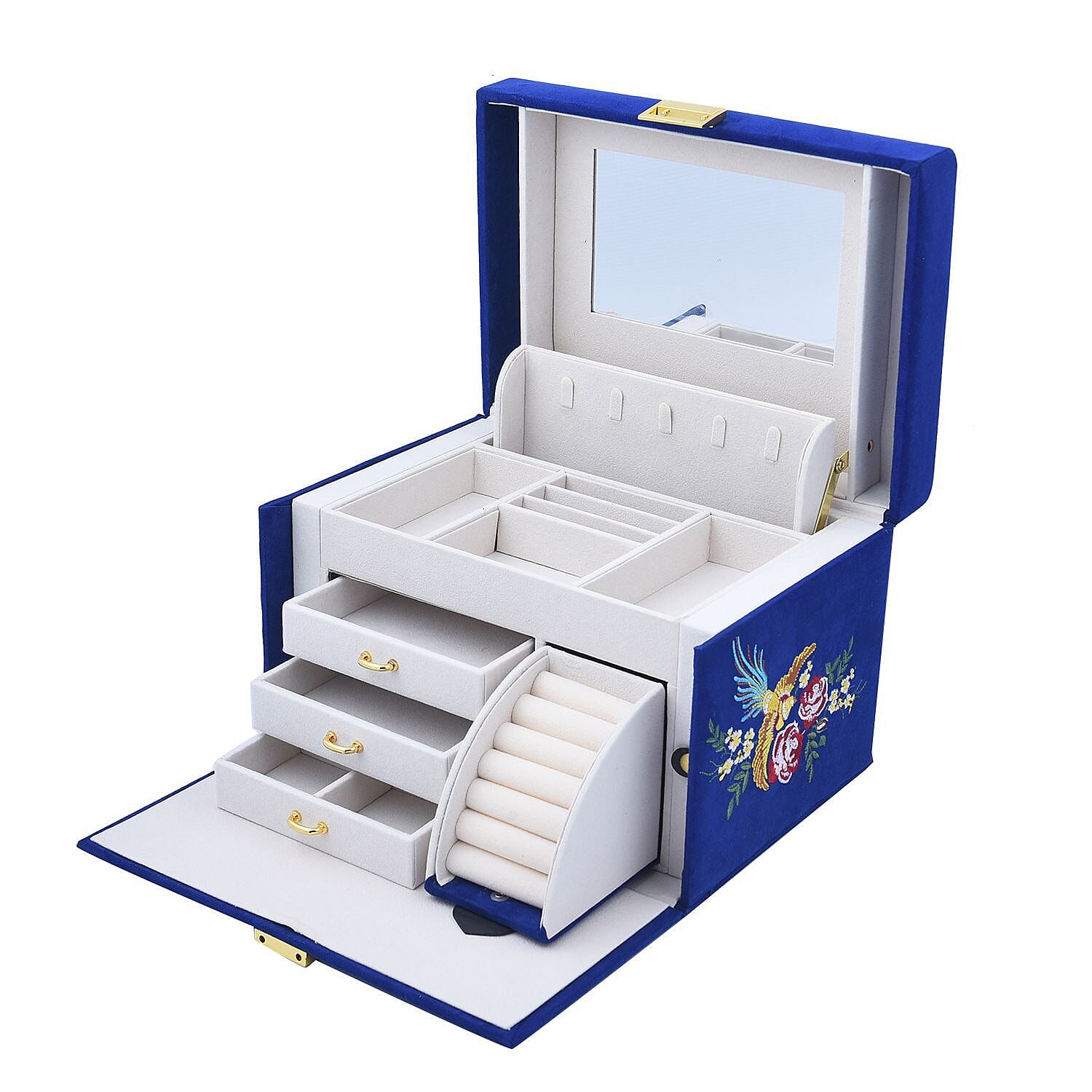 Multifunctional 4 layer Embroidered Pattern Jewellery Organizer with Handle (Size 26x19x18 ) - Blue