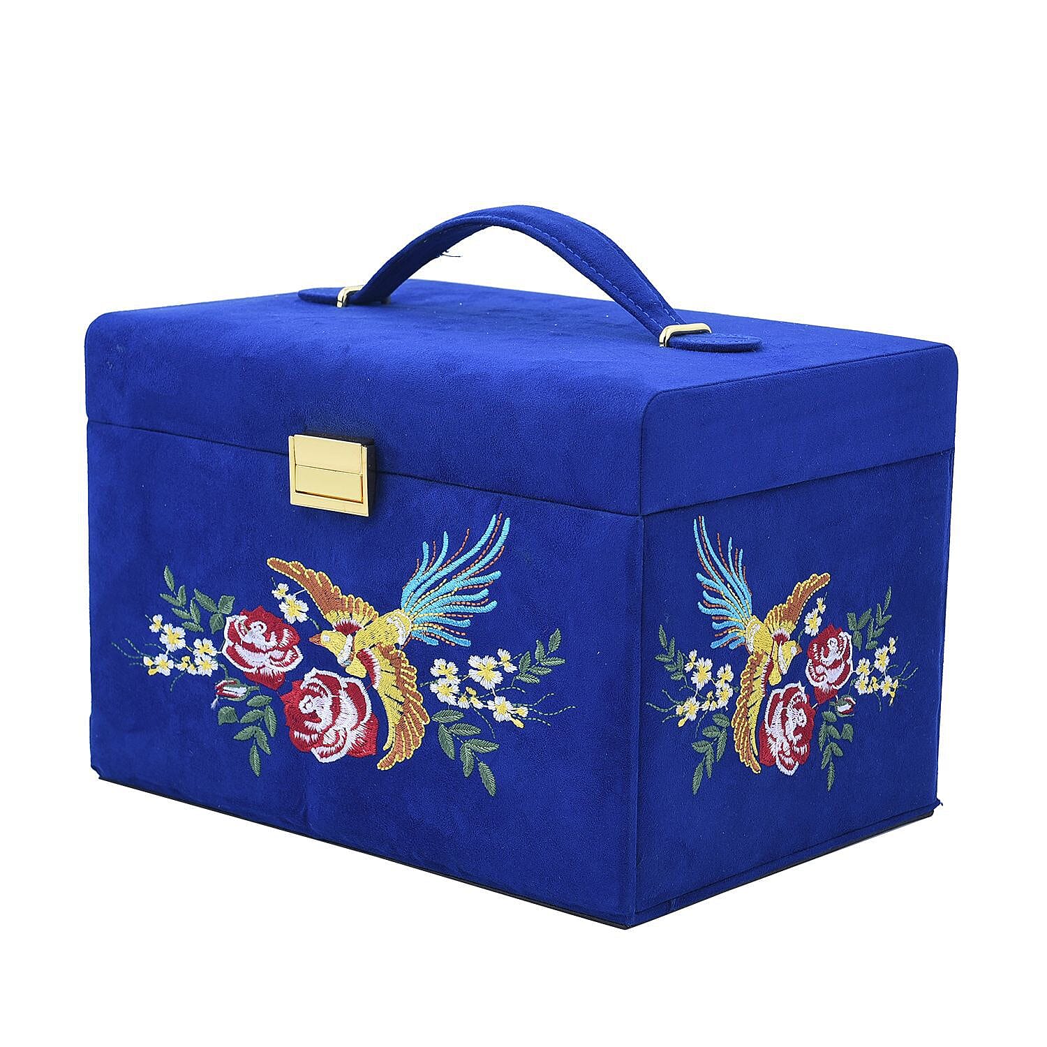 Multifunctional 4 layer Embroidered Pattern Jewellery Organizer with Handle (Size 26x19x18 ) - Blue