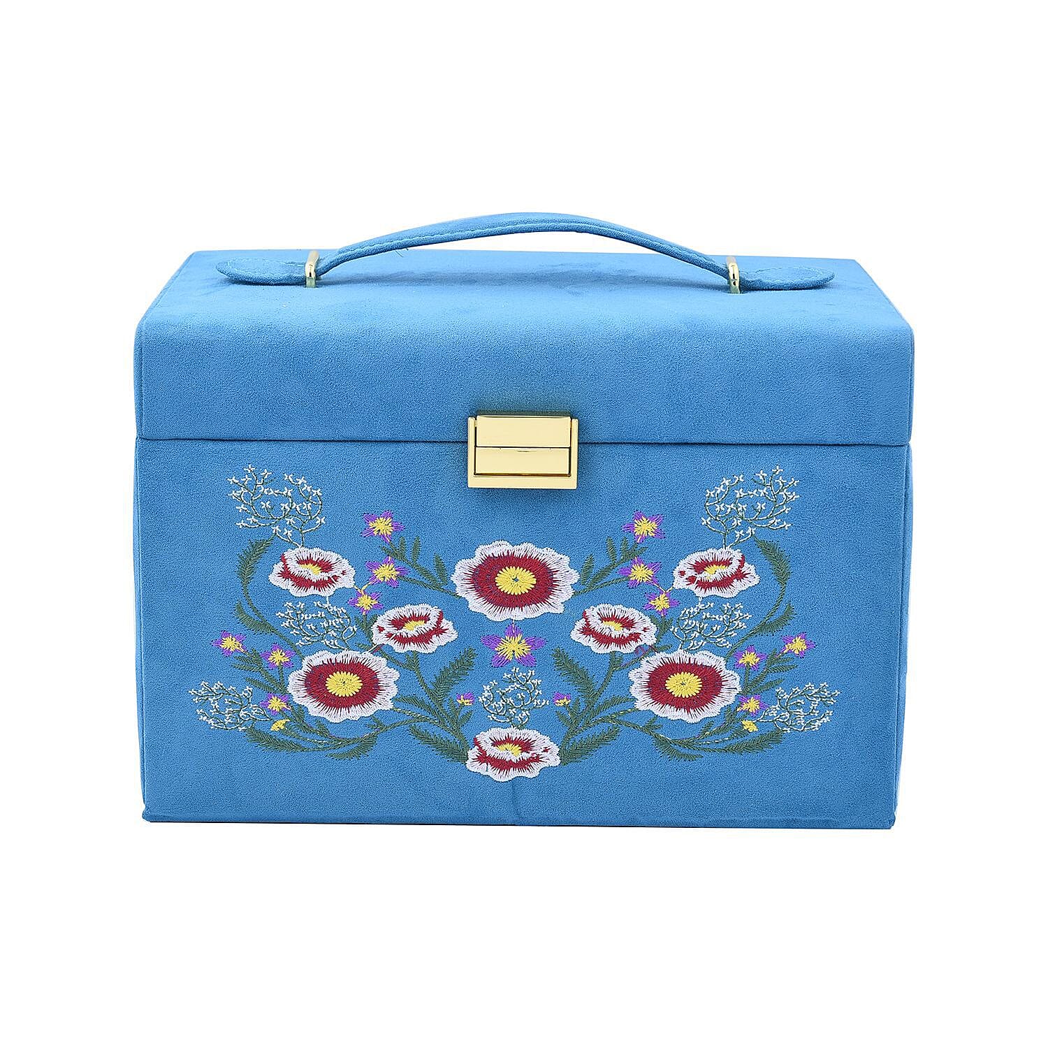 Multifunctional 4 layer Embroidered Pattern Jewellery Organizer with Handle (Size 26x19x18 cm) - Teal