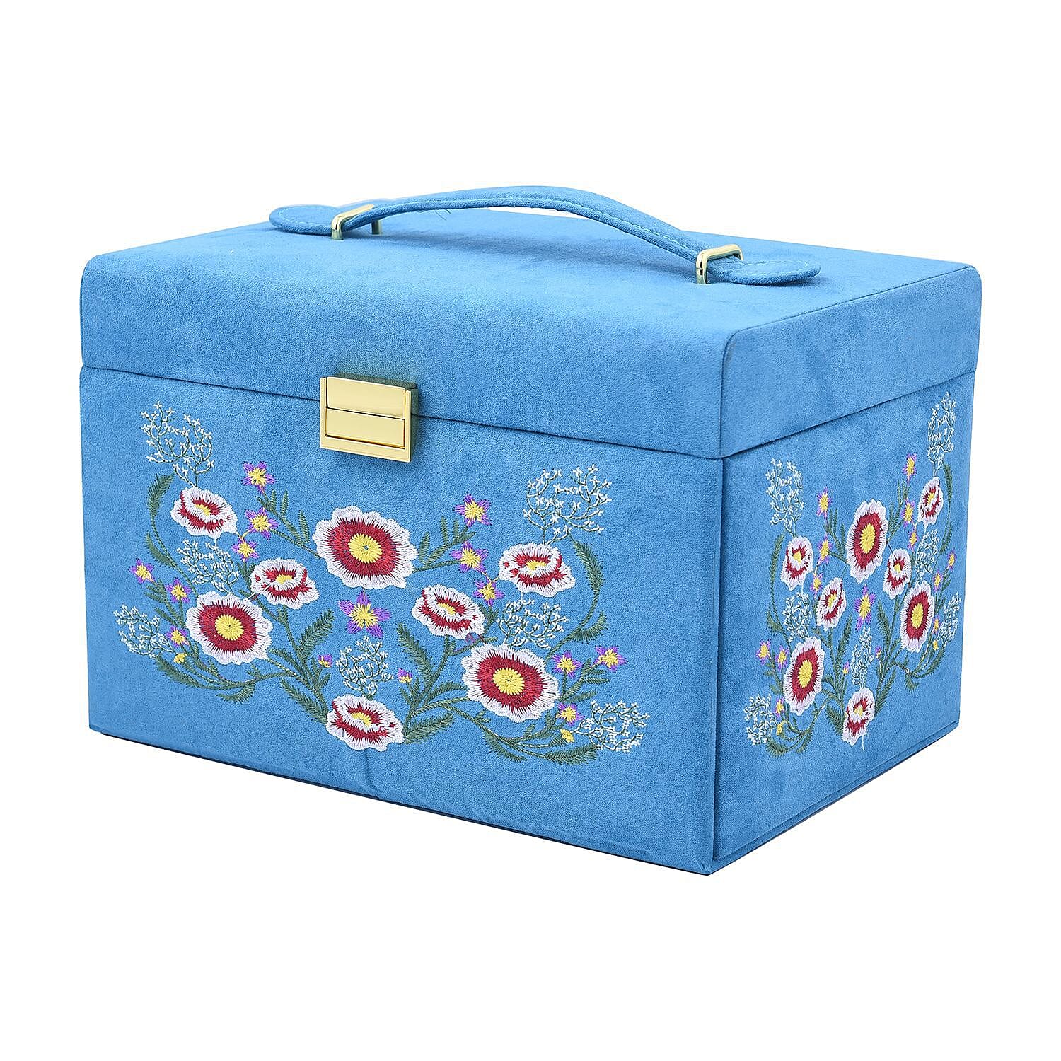Multifunctional 4 layer Embroidered Pattern Jewellery Organizer with Handle (Size 26x19x18 cm) - Teal