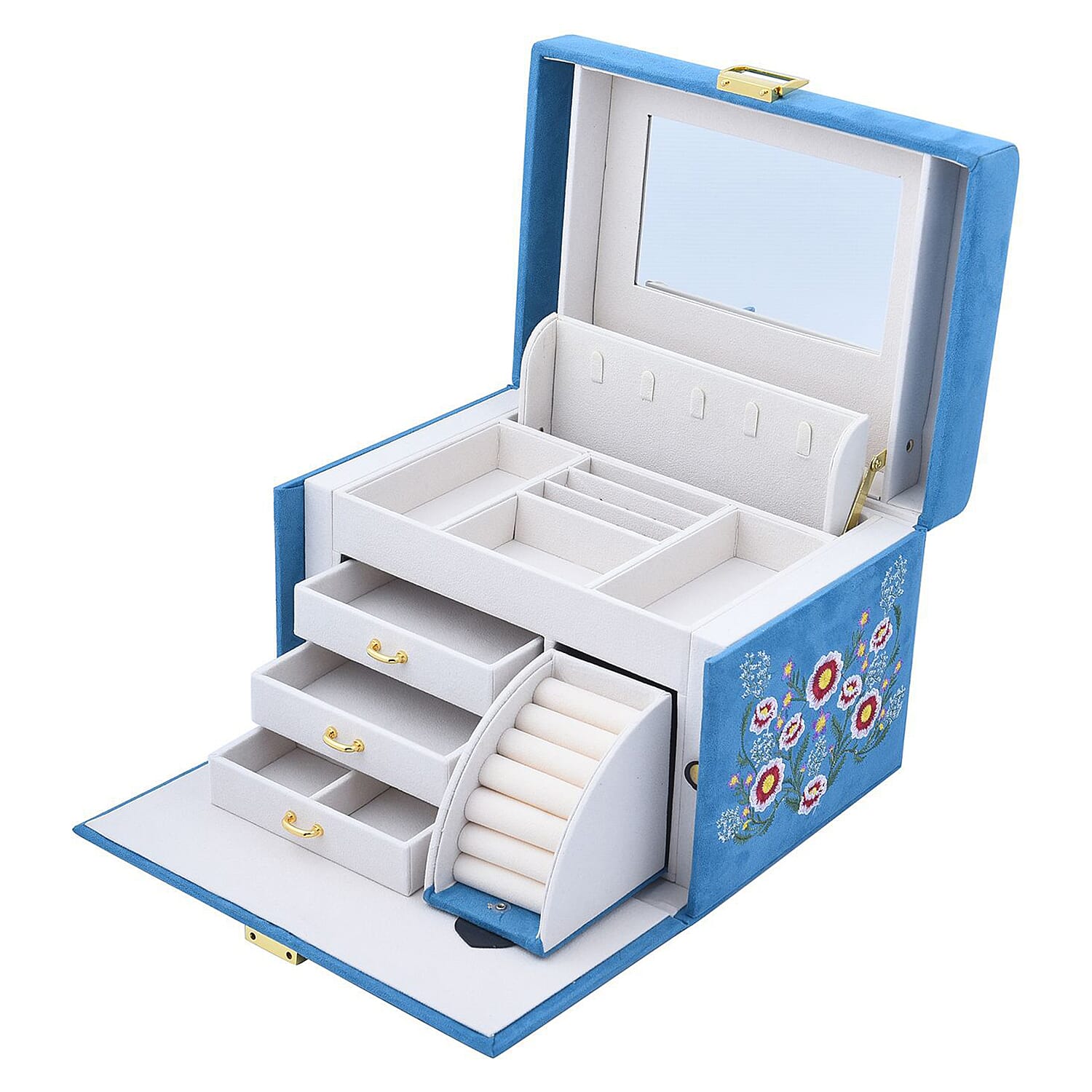 Multifunctional 4 layer Embroidered Pattern Jewellery Organizer with Handle (Size 26x19x18 cm) - Teal