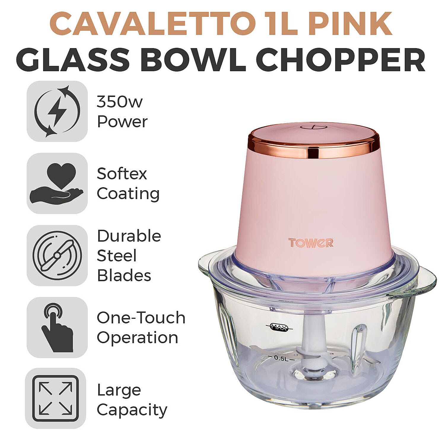 Cavaletto 1L Glass Chopper 350W - Pink & Rose Gold