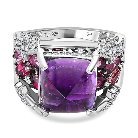 GP Italian Garden Collection - Amethyst, Rhodolite Garnet & Natural Zircon Cluster Ring in Platinum Overlay Sterling Silver 8.38 Ct, Silver Wt. 7.75 Gms