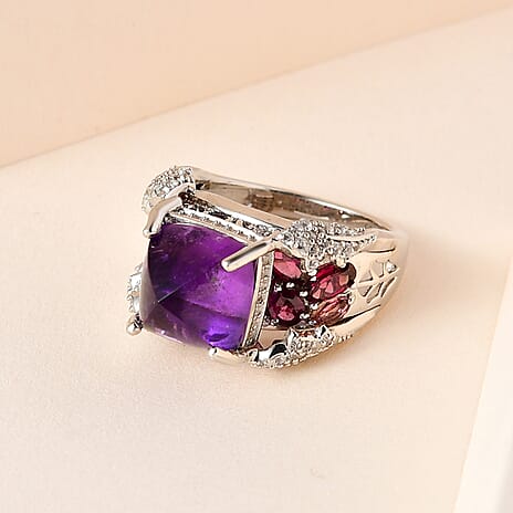 GP Italian Garden Collection - Amethyst, Rhodolite Garnet & Natural Zircon Cluster Ring in Platinum Overlay Sterling Silver 8.38 Ct, Silver Wt. 7.75 Gms