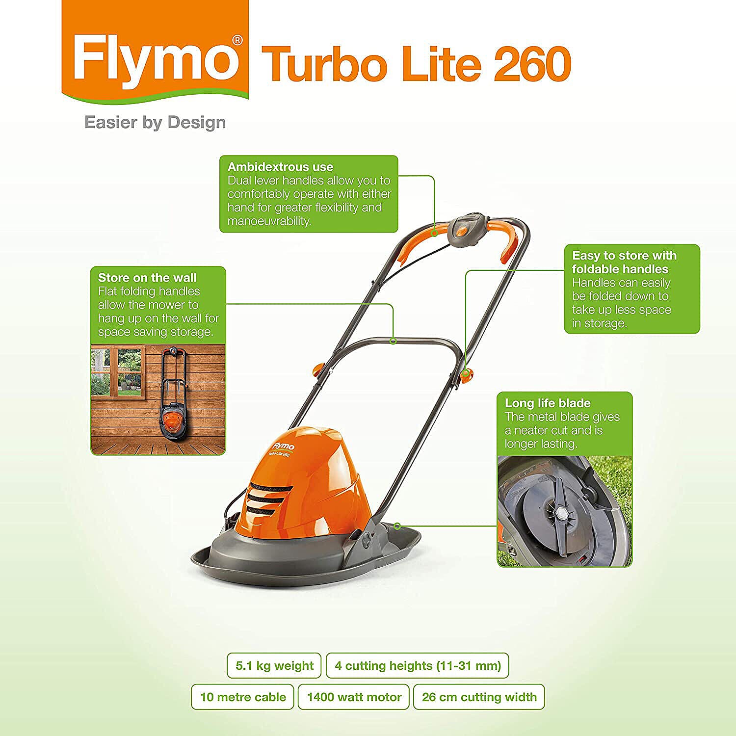 FlymoTurbo Lite 260 Lawn Mower with 10m Cable - 1400W Electric - Cutting Width 26cm