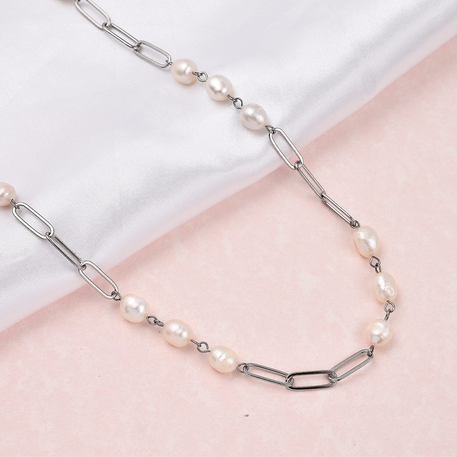 White Fresh Water Pearl Necklace (Size - 18 with 2 Inch Extender) in Silver Tone