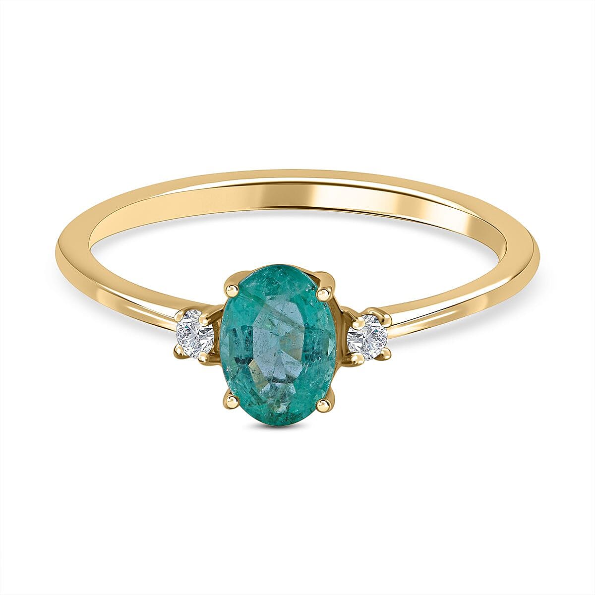 9K Yellow Gold Emerald and Diamond (I3 -G-H) Ring 0.83 Ct