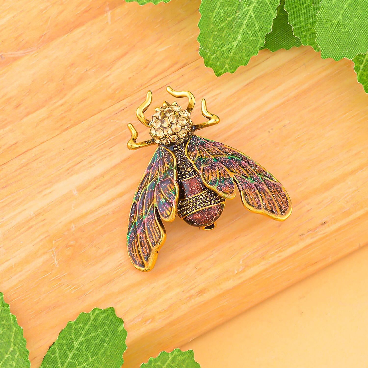 Austrian Crystal Multi Colour Enamelled Fly With Leaf Brooch in Antique Gold Tone Austrian Crystal Multi Colour Enamelled Fly With Leaf Brooch in Antique Gold Tone