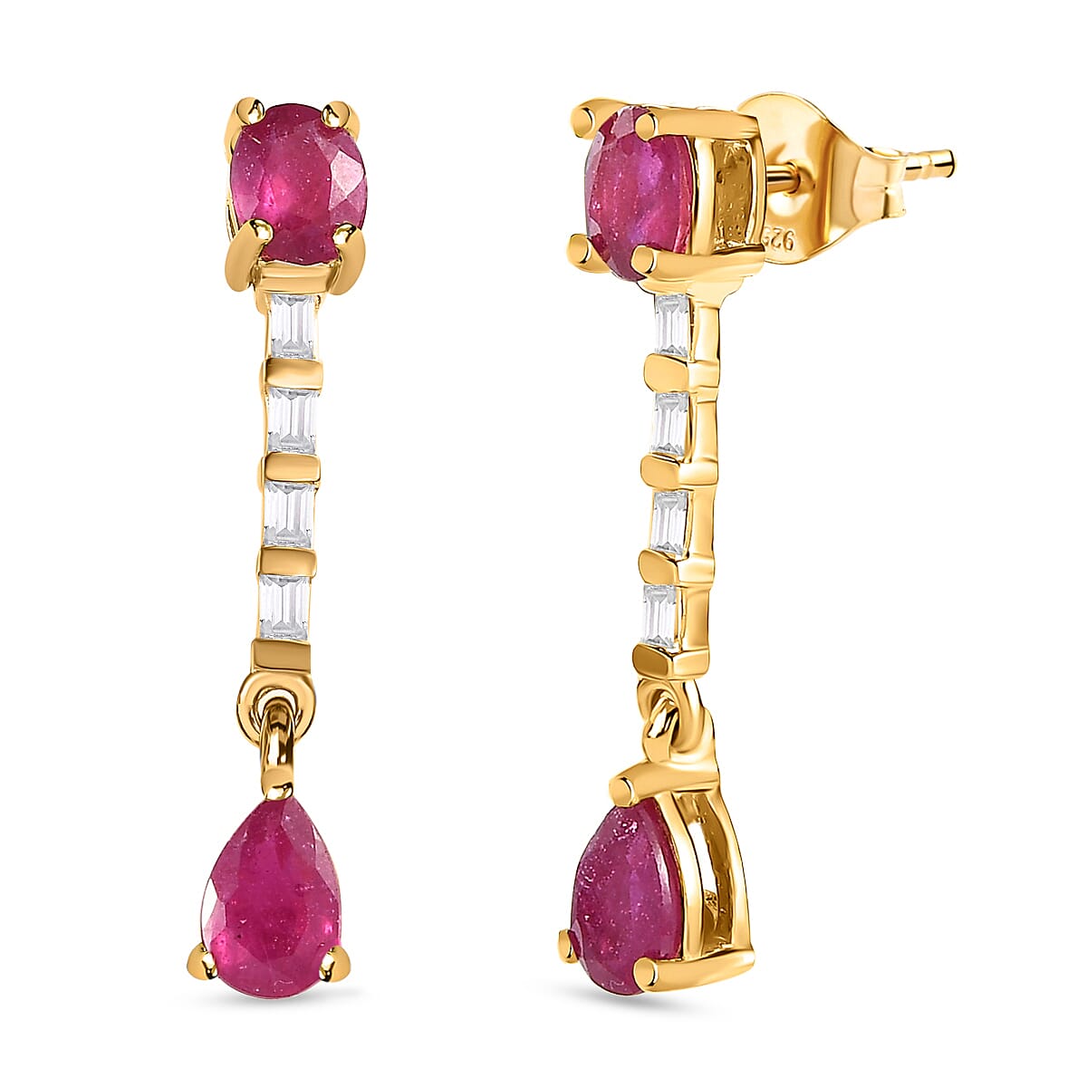 African Ruby (FF) & White Topaz Dangle Earrings in 18K Yellow Gold Vermeil Plated Sterling Silver 2.52 Ct.
