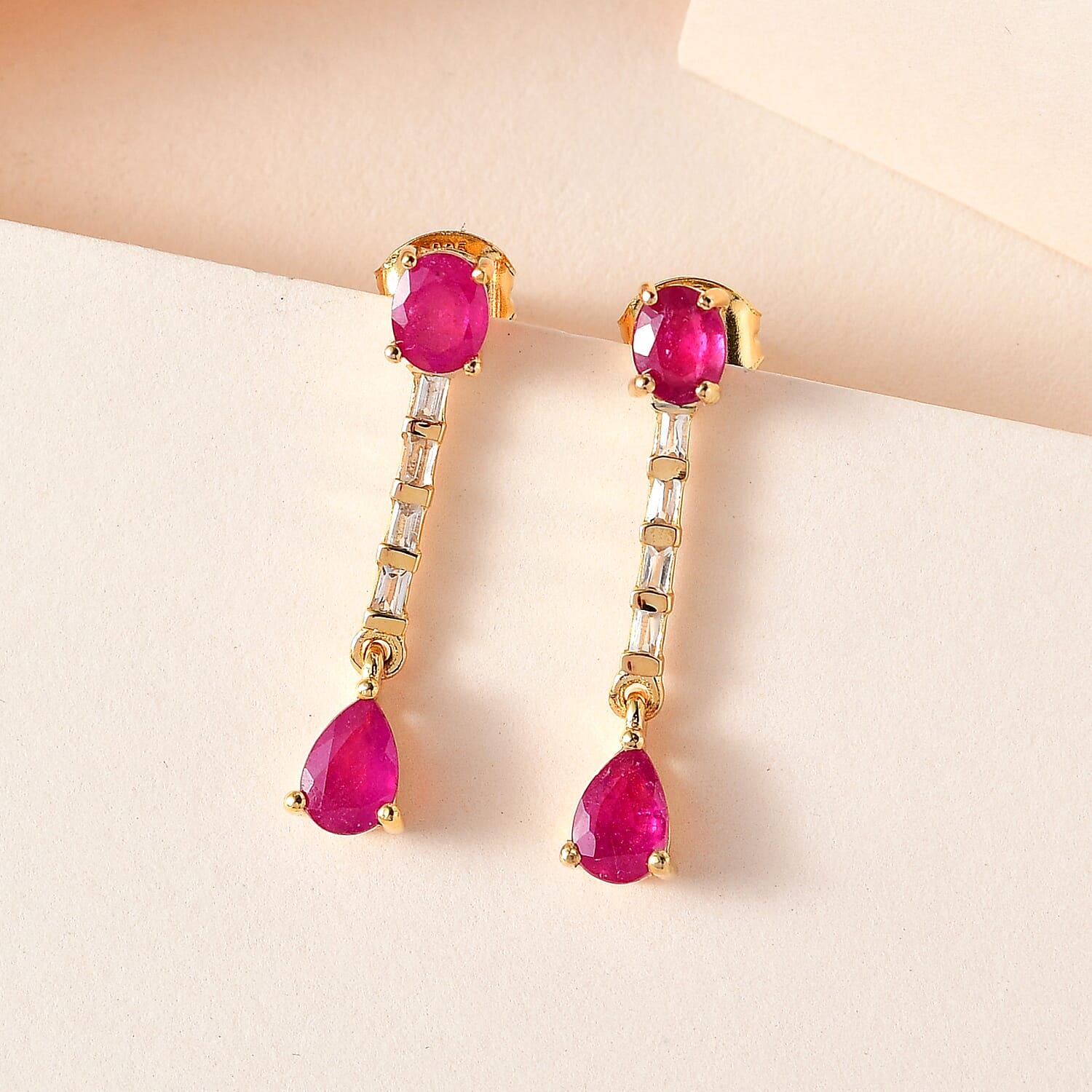 African Ruby (FF) & White Topaz Dangle Earrings in 18K Yellow Gold Vermeil Plated Sterling Silver 2.52 Ct.