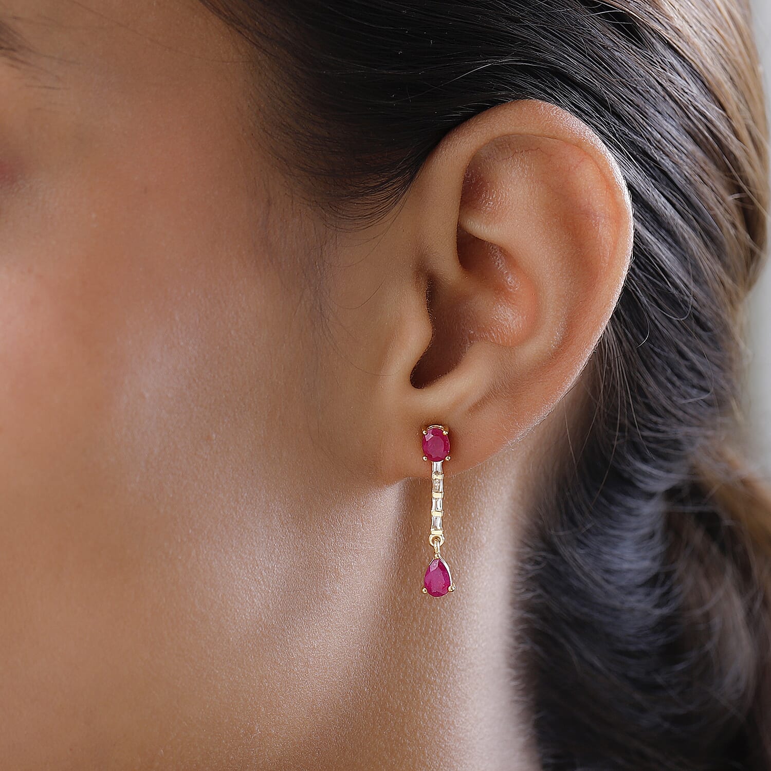 African Ruby (FF) & White Topaz Dangle Earrings in 18K Yellow Gold Vermeil Plated Sterling Silver 2.52 Ct.