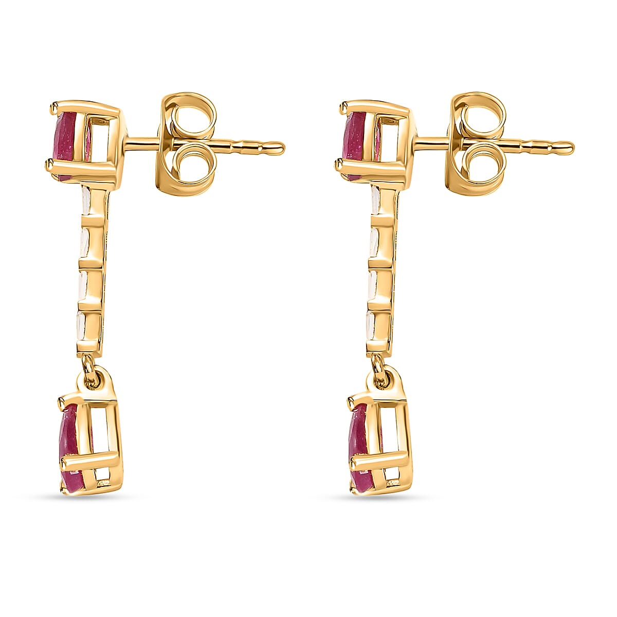 African Ruby (FF) & White Topaz Dangle Earrings in 18K Yellow Gold Vermeil Plated Sterling Silver 2.52 Ct.